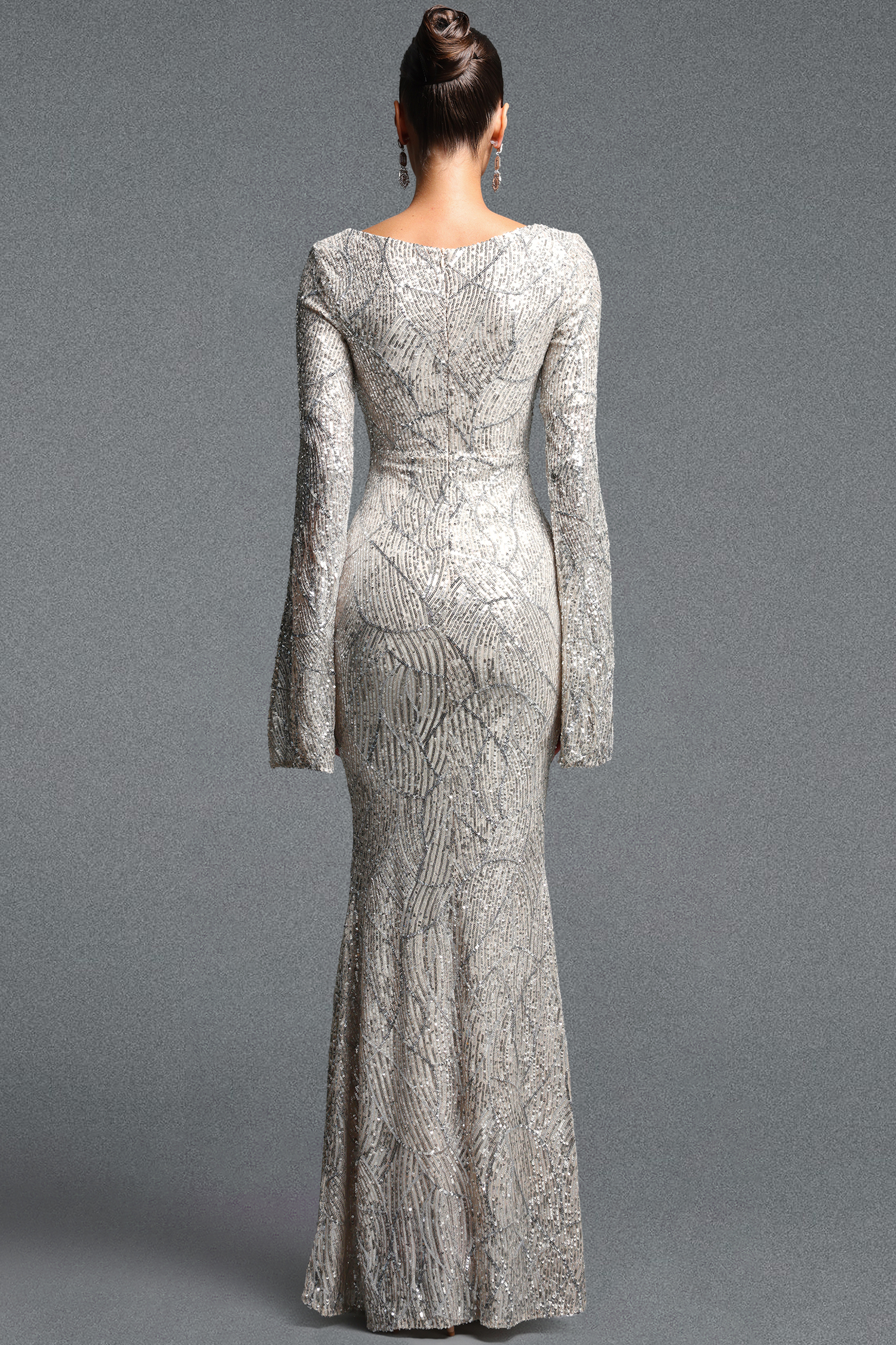 Lucki Elegant Contour V Neck Long Sleeve Sequin Silver Maxi Dress