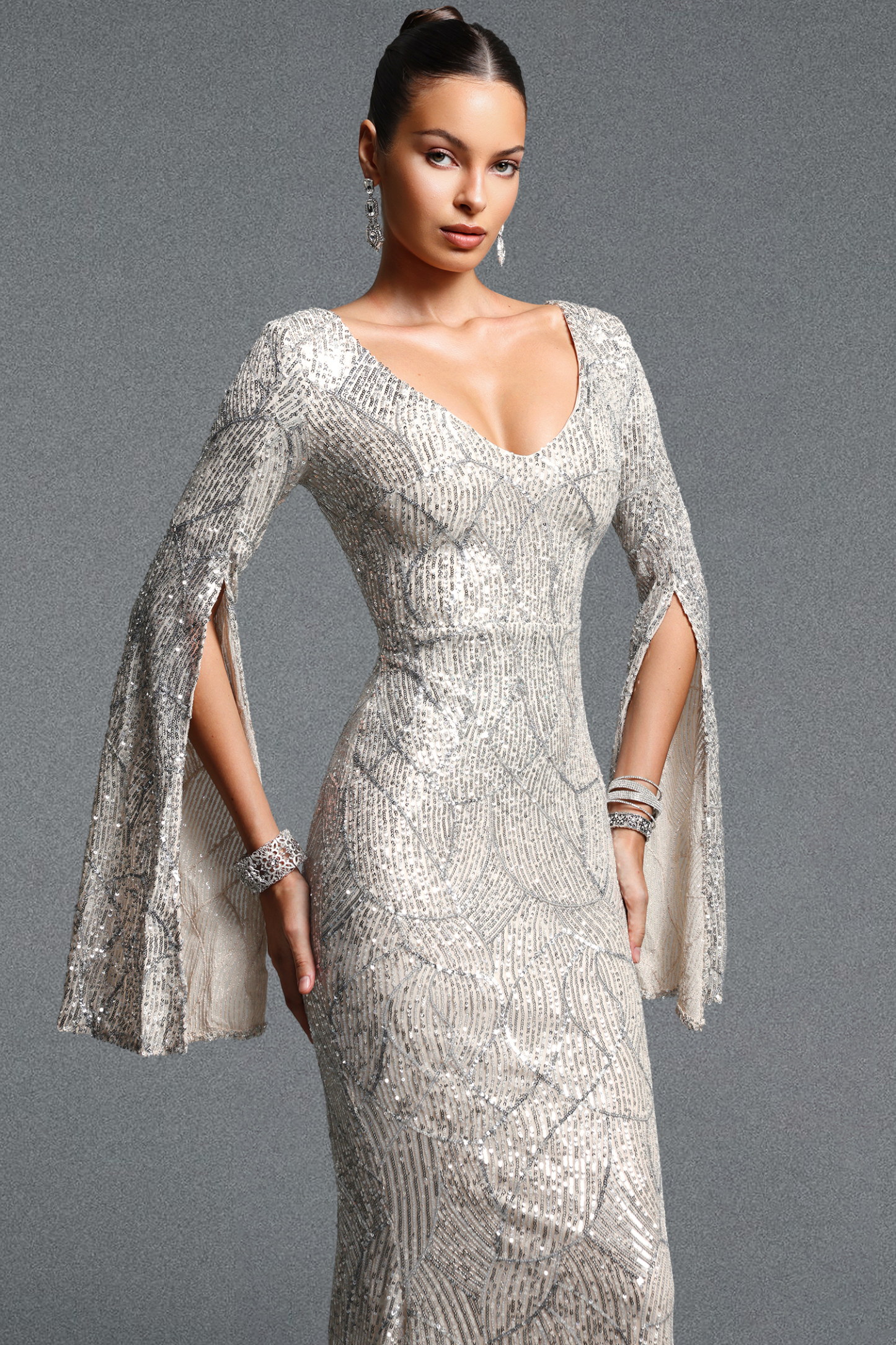 Lucki Elegant Contour V Neck Long Sleeve Sequin Silver Maxi Dress