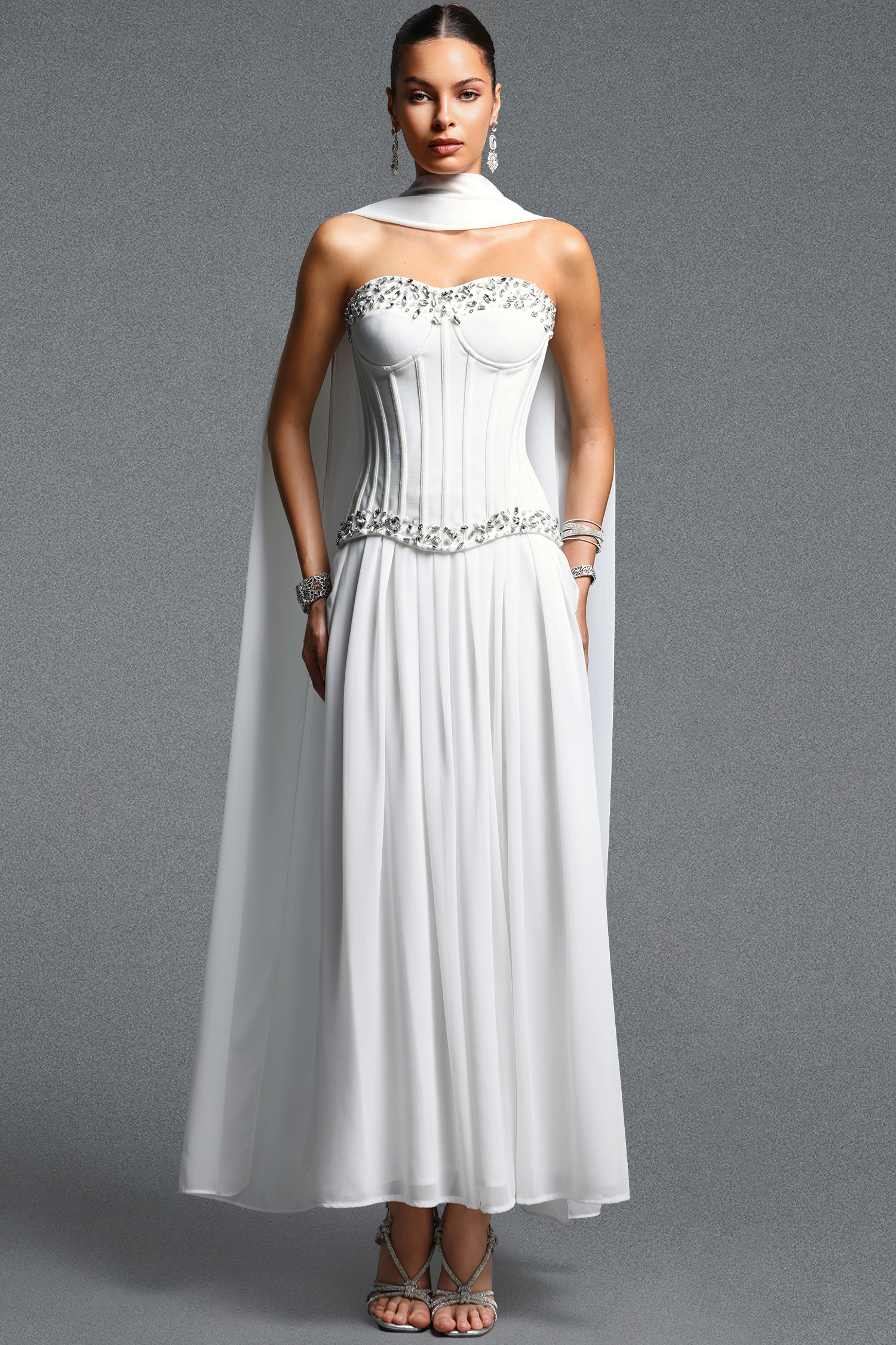 Nikki Elegant Flowy Sleeveless Rhinestone Ruched Bandage Top and Skirt Set