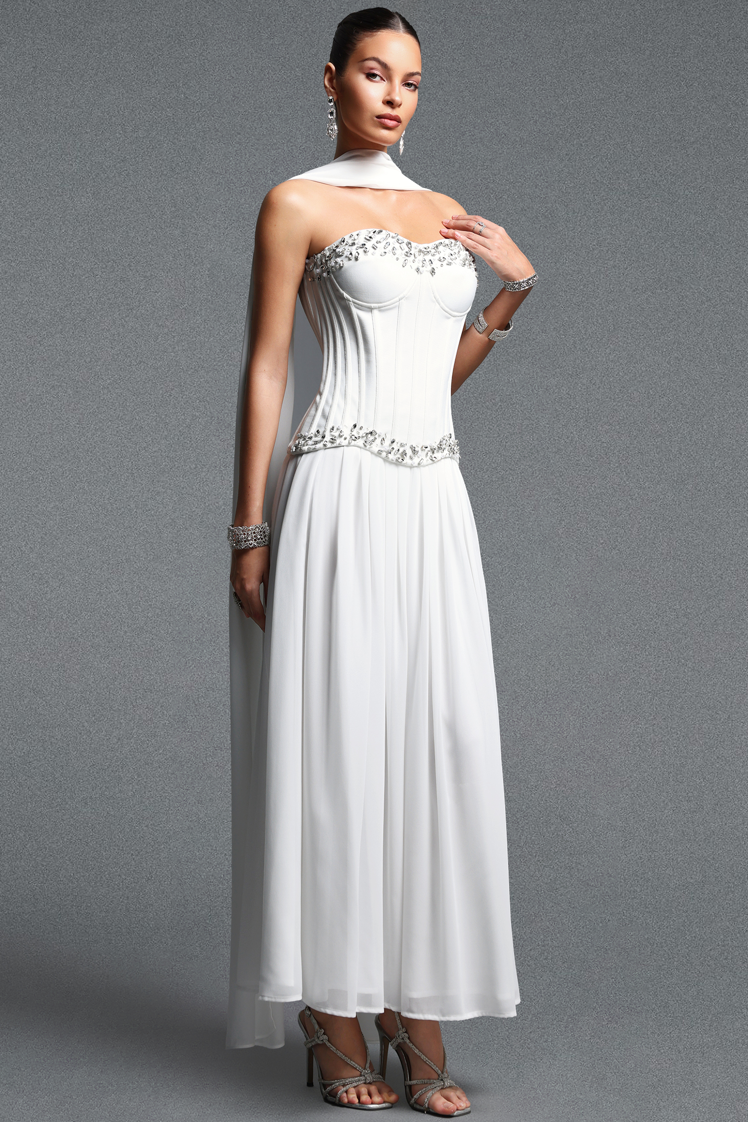 Nikki Elegant Flowy Sleeveless Rhinestone Ruched Bandage Top and Skirt Set