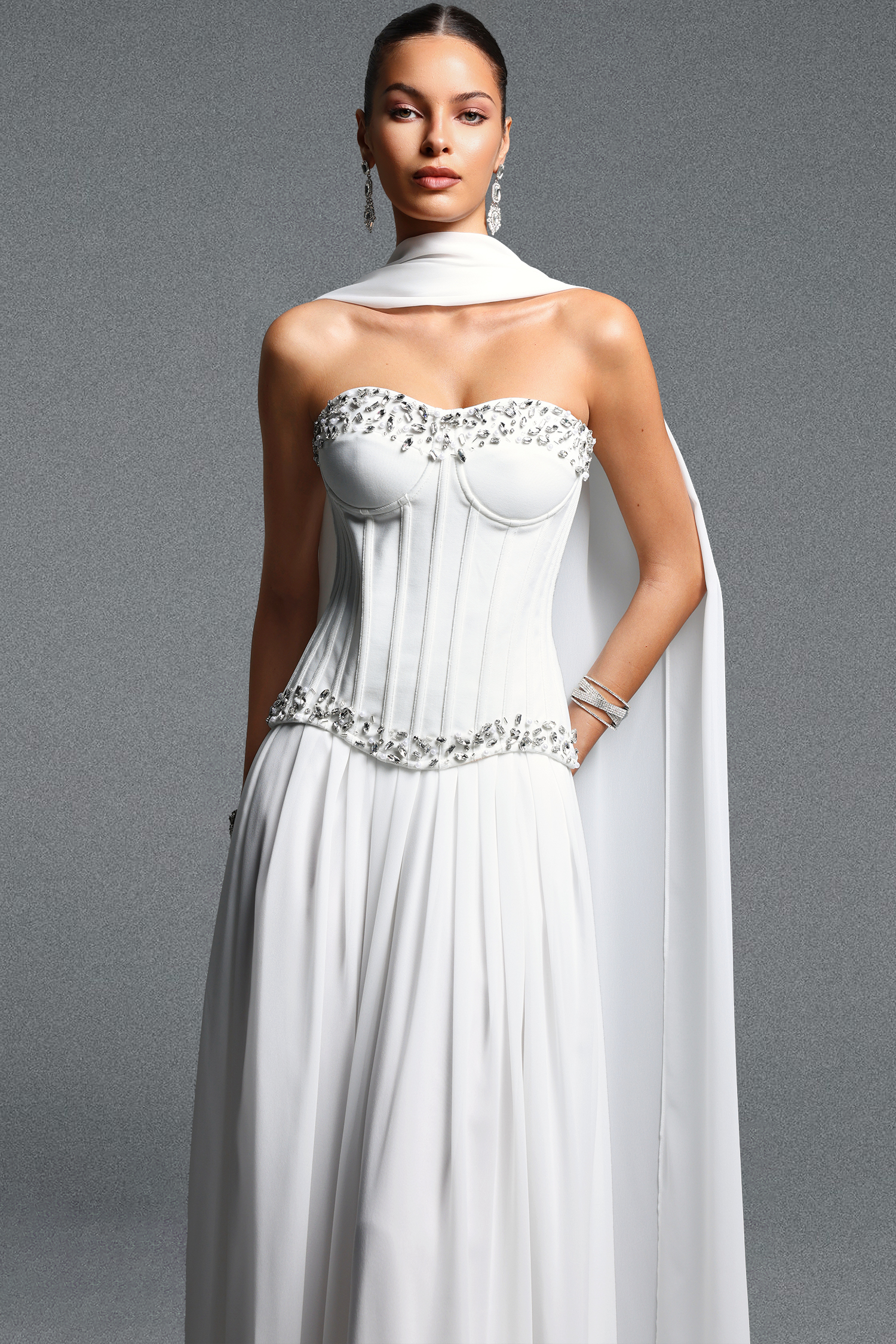 Nikki Elegant Flowy Sleeveless Rhinestone Ruched Bandage Top and Skirt Set