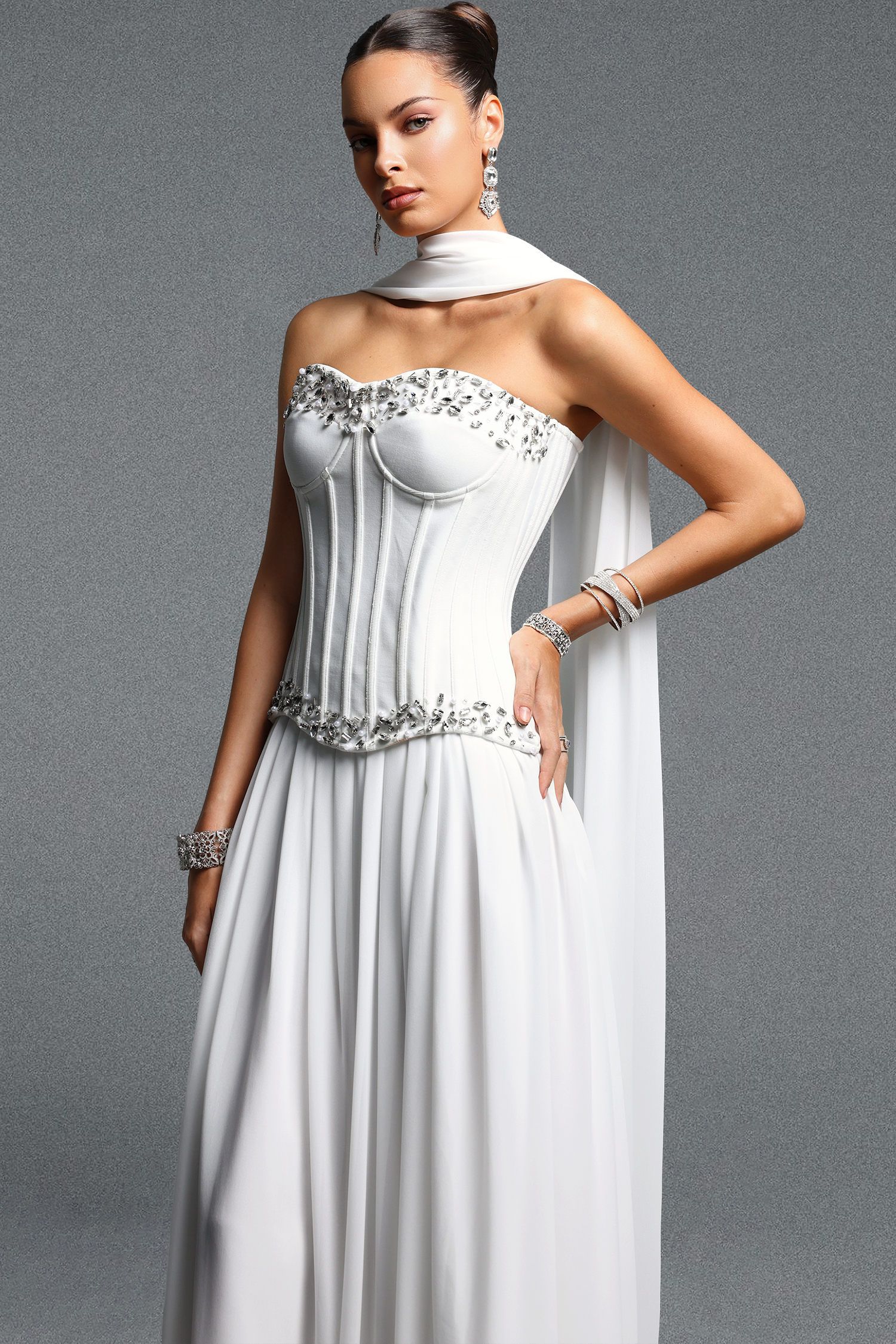 Nikki Elegant Flowy Sleeveless Rhinestone Ruched Bandage Top and Skirt Set