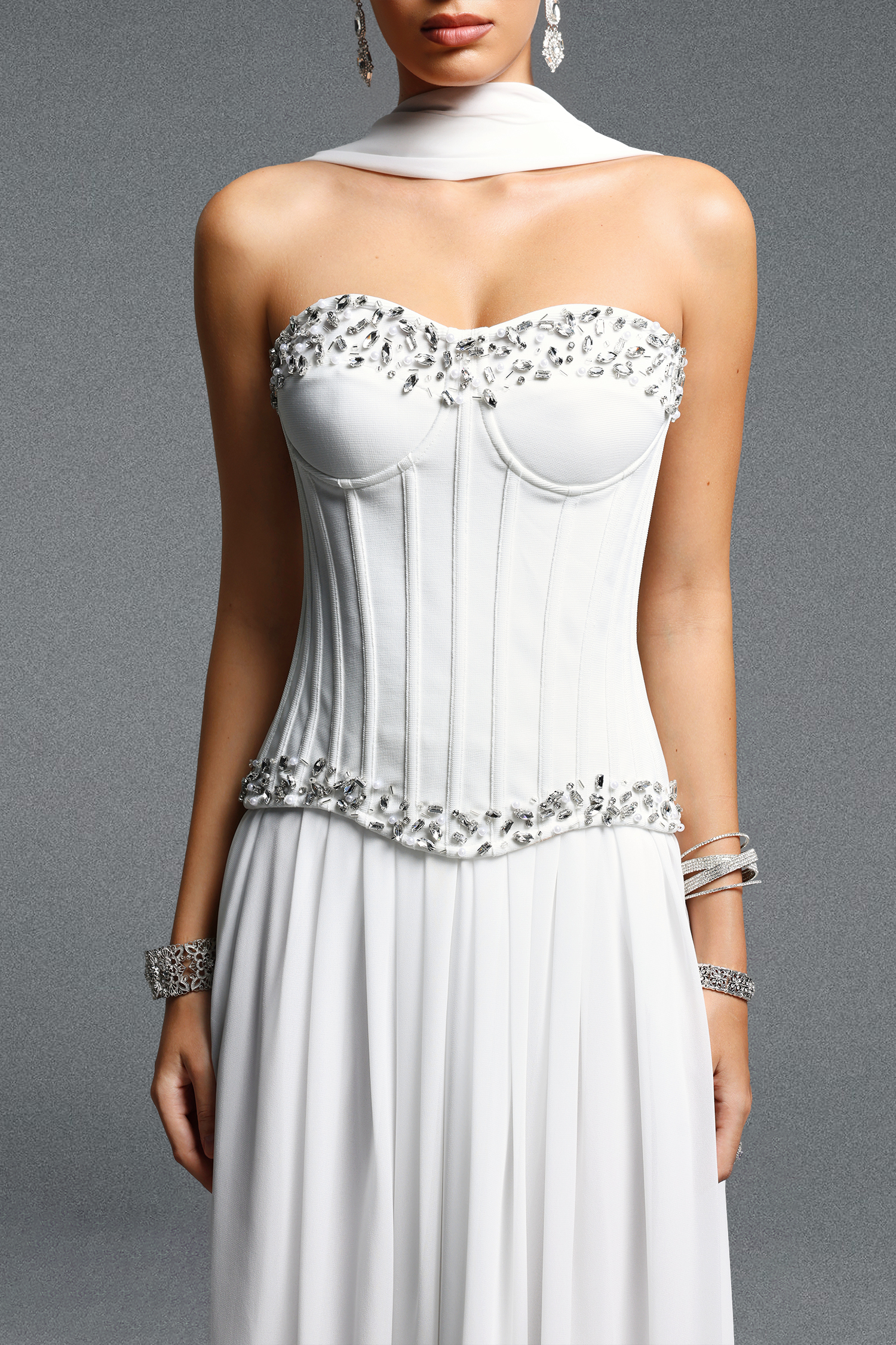 Nikki Elegant Flowy Sleeveless Rhinestone Ruched Bandage Top and Skirt Set