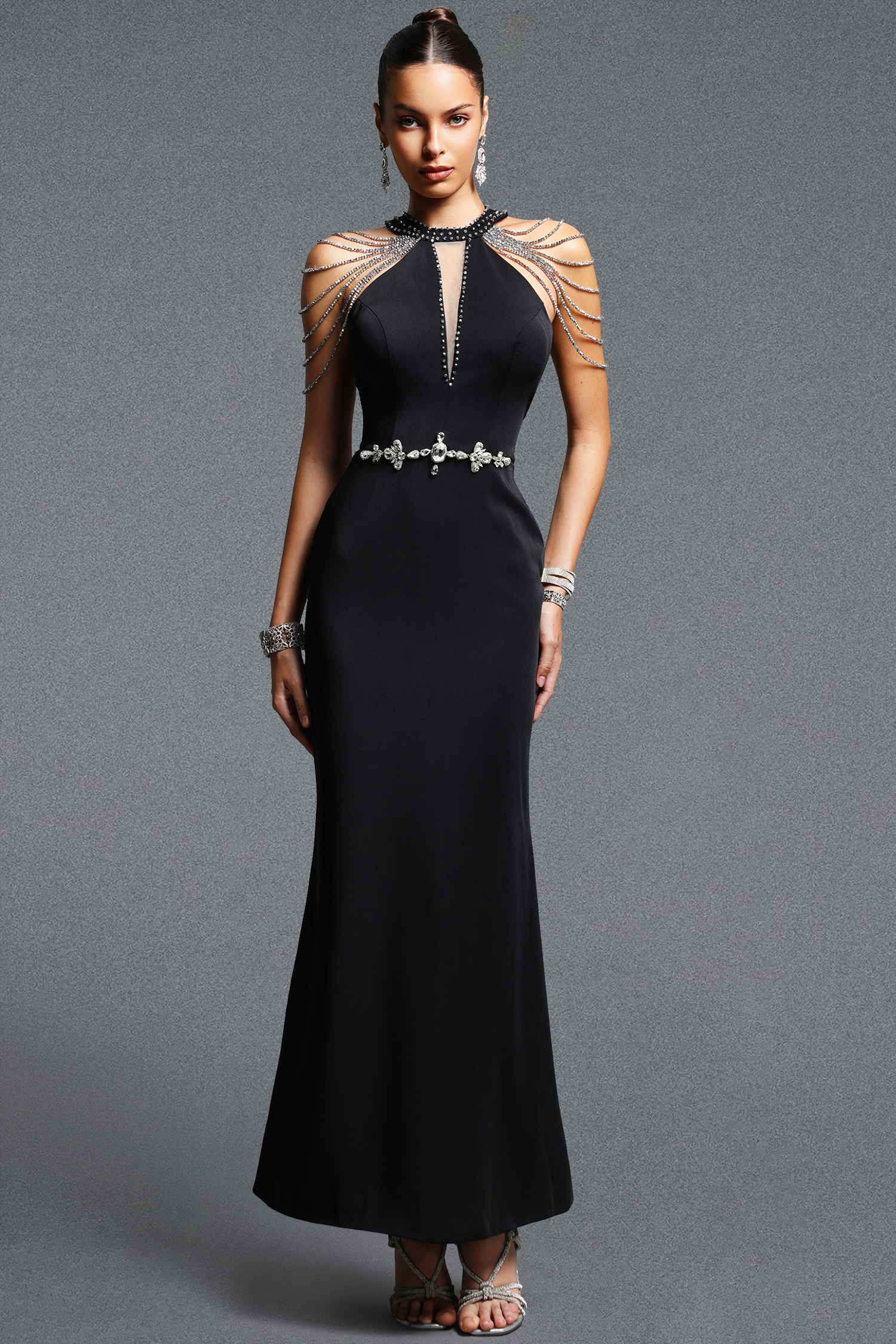 Jaxon Elegant Contour Halter Rhinestone Chain Maxi Dress