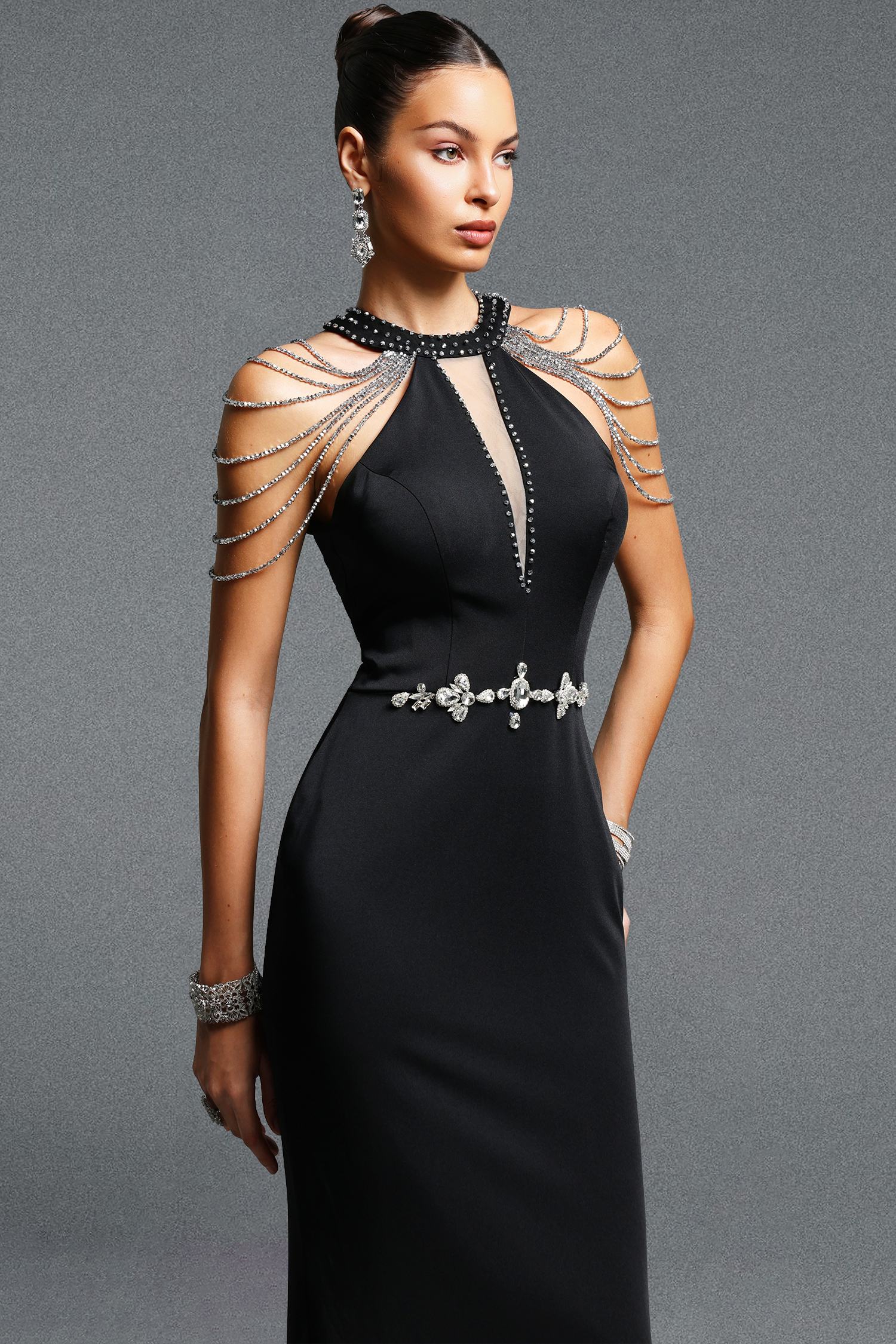 Jaxon Elegant Contour Halter Rhinestone Chain Maxi Dress