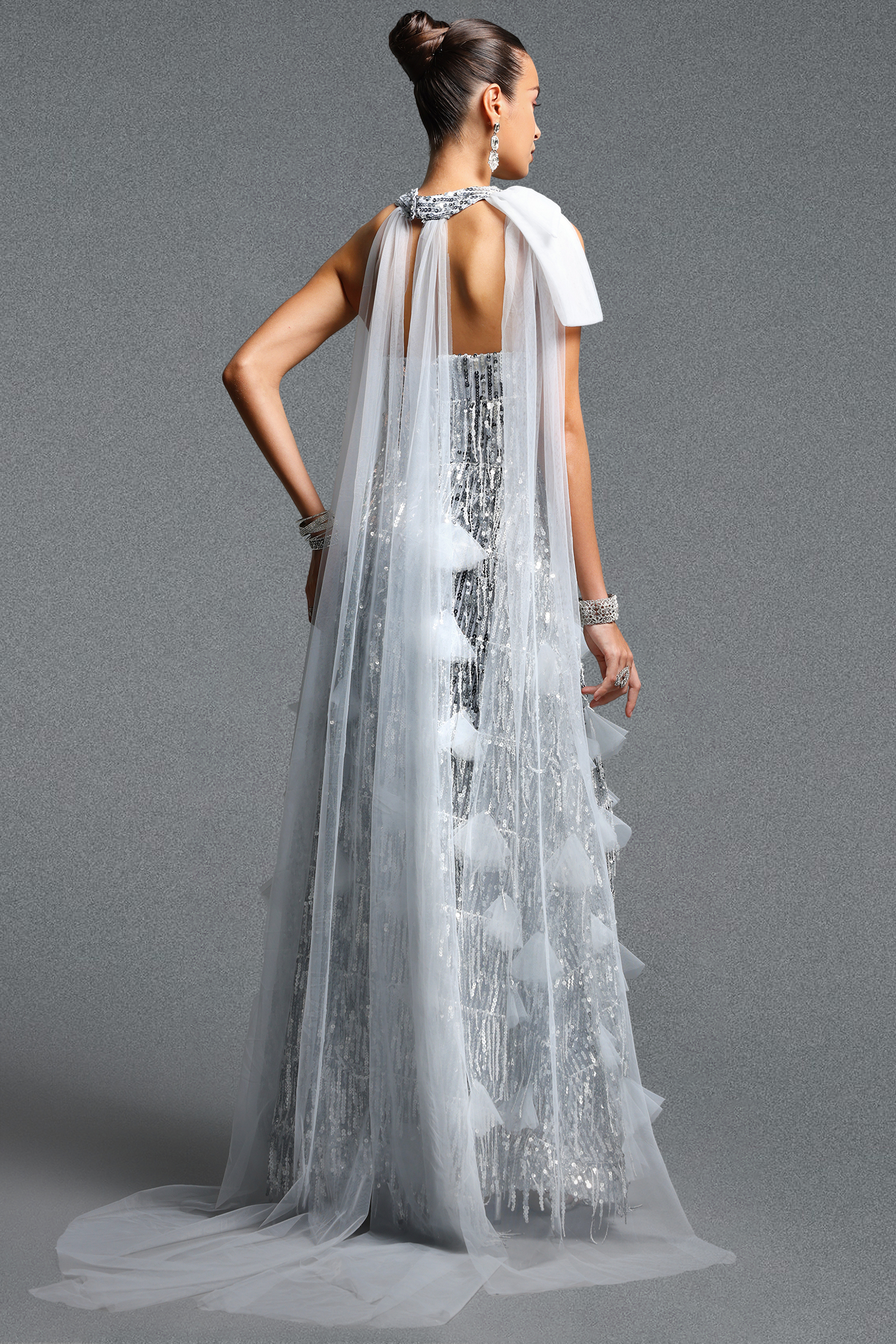 Devere Gorgeous Contour Strapless Sleeveless Sequin Tassel Mesh Maxi Dress