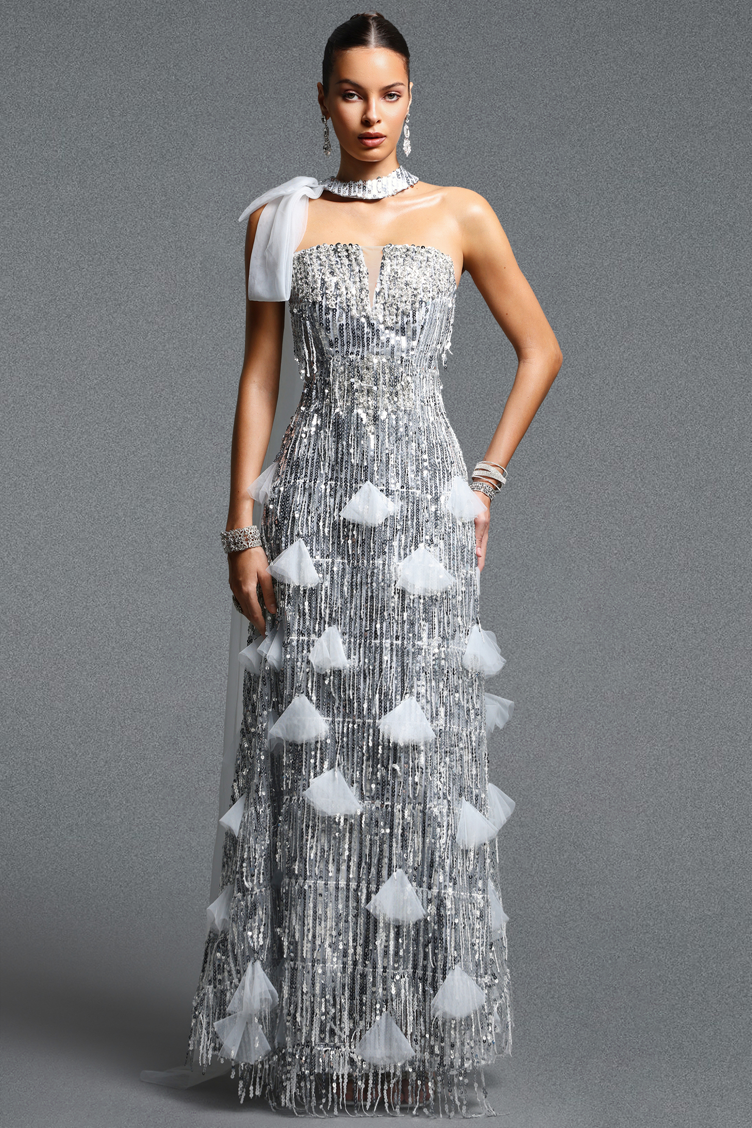 Devere Gorgeous Contour Strapless Sleeveless Sequin Tassel Mesh Maxi Dress