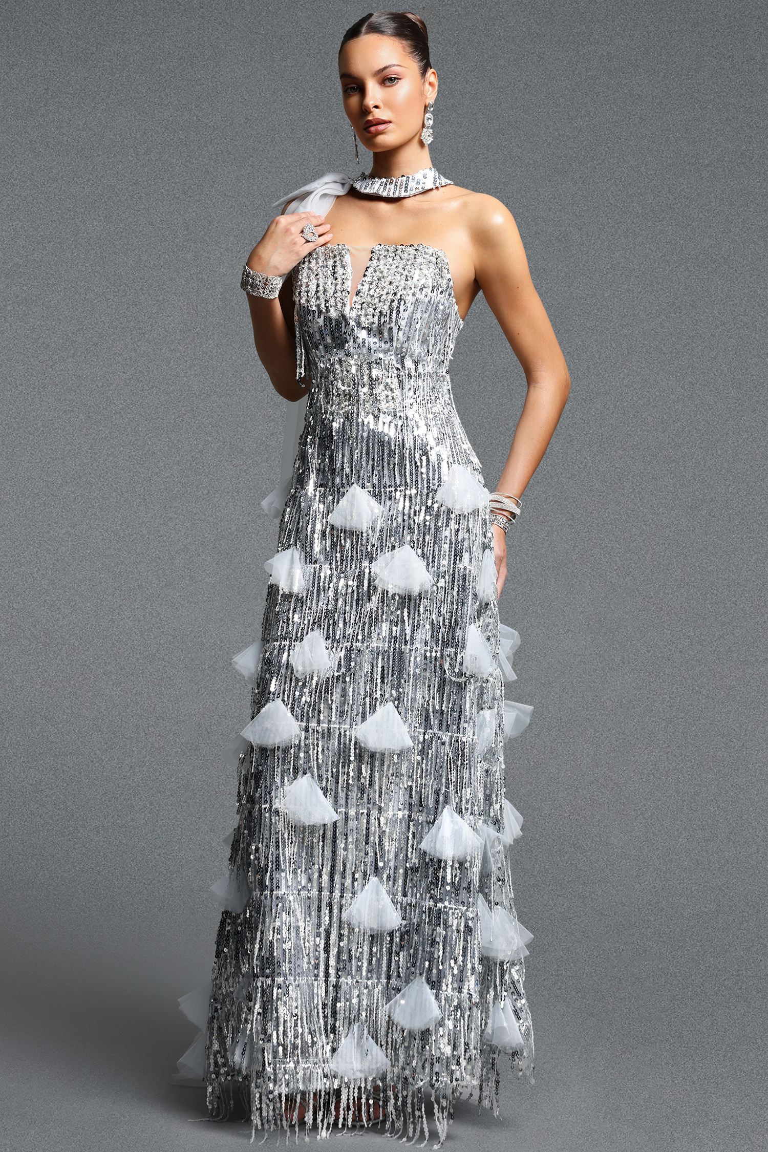 Devere Gorgeous Contour Strapless Sleeveless Sequin Tassel Mesh Maxi Dress