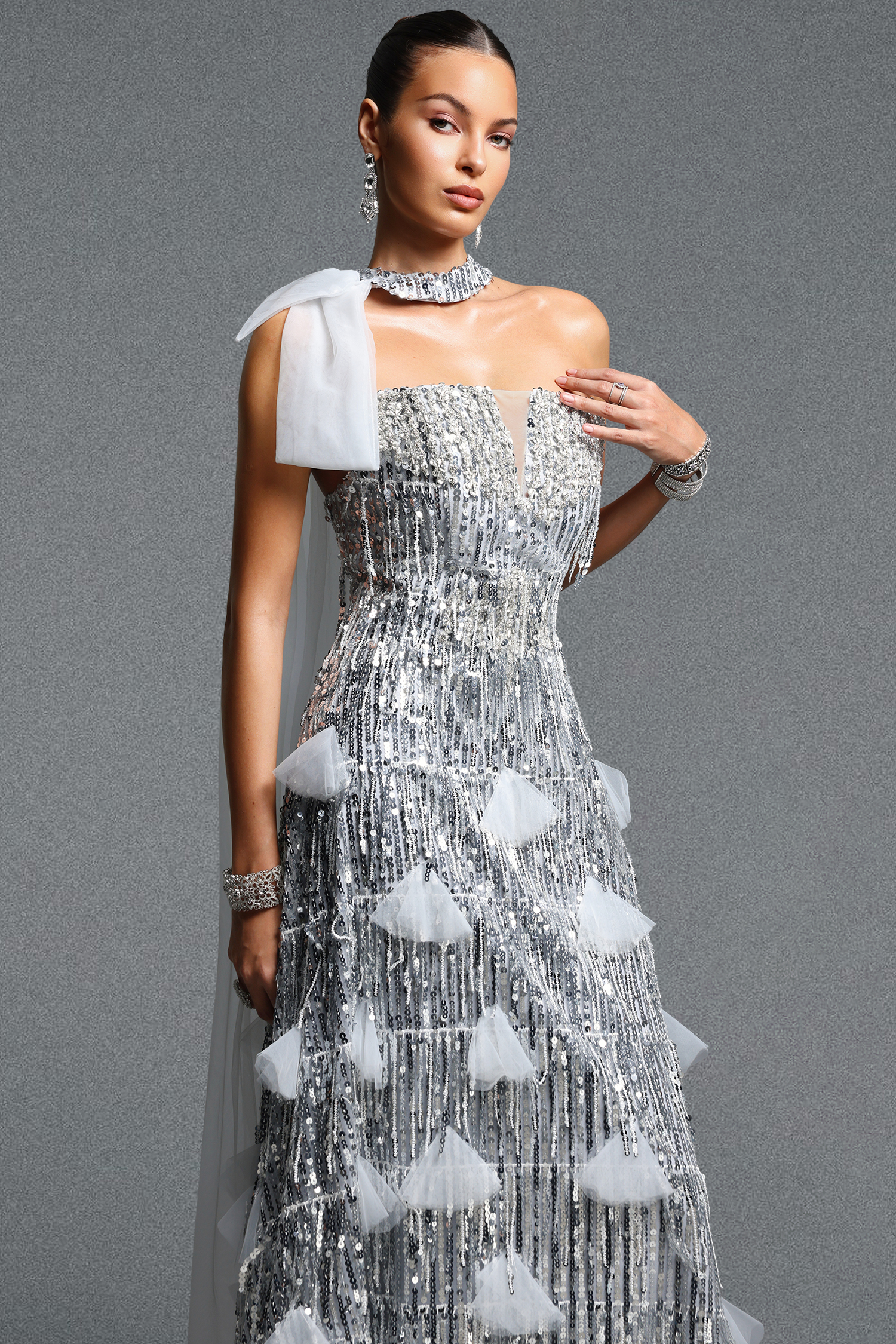 Devere Gorgeous Contour Strapless Sleeveless Sequin Tassel Mesh Maxi Dress