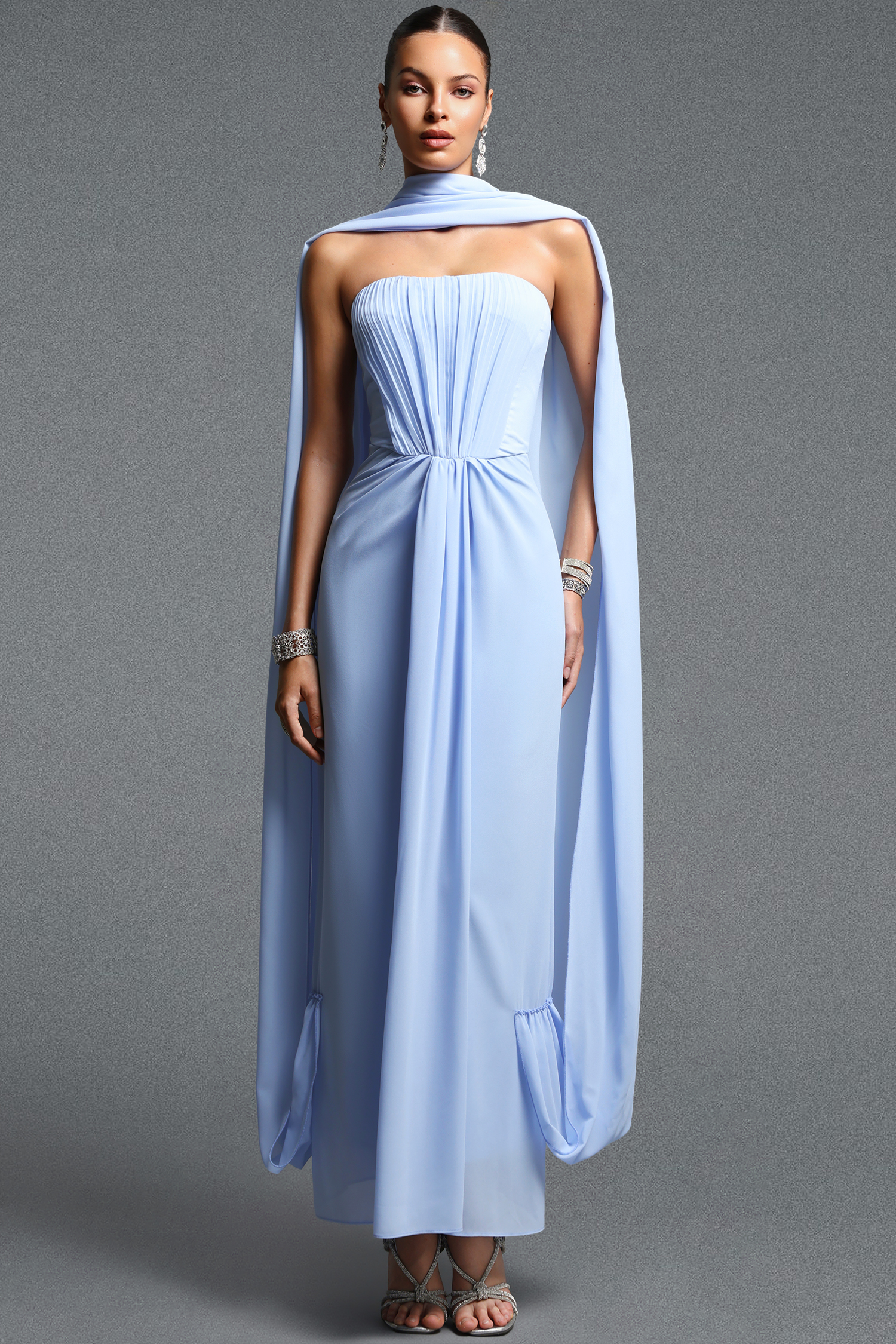 Raee Elegant Flowy Off Shoulder Sleeveless Ruched Chiffon Maxi Dress