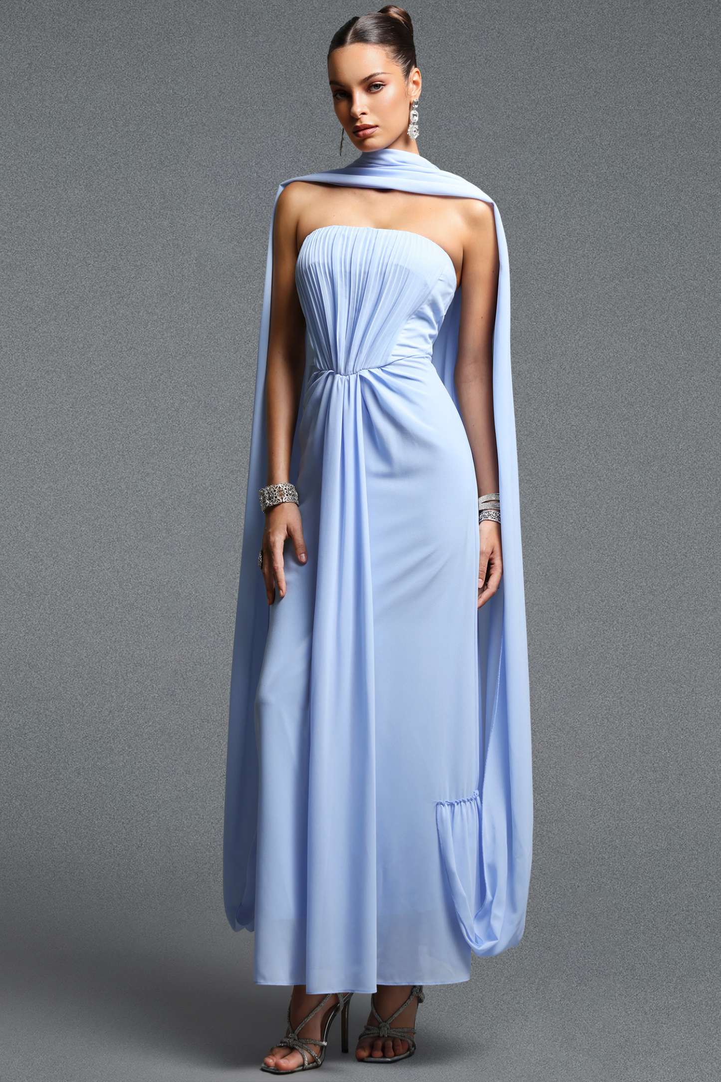 Raee Elegant Flowy Off Shoulder Sleeveless Ruched Chiffon Maxi Dress