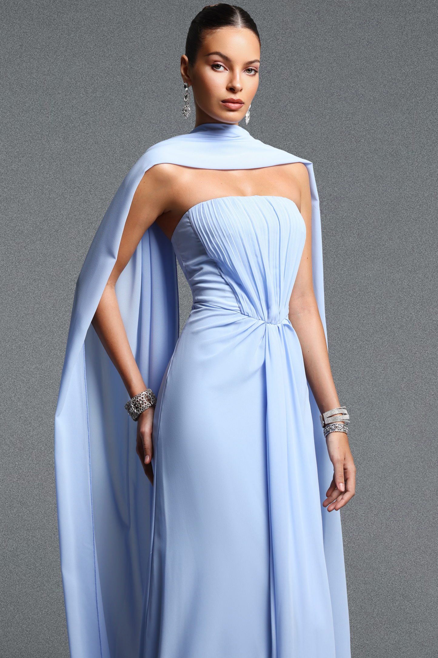 Raee Elegant Flowy Off Shoulder Sleeveless Ruched Chiffon Maxi Dress