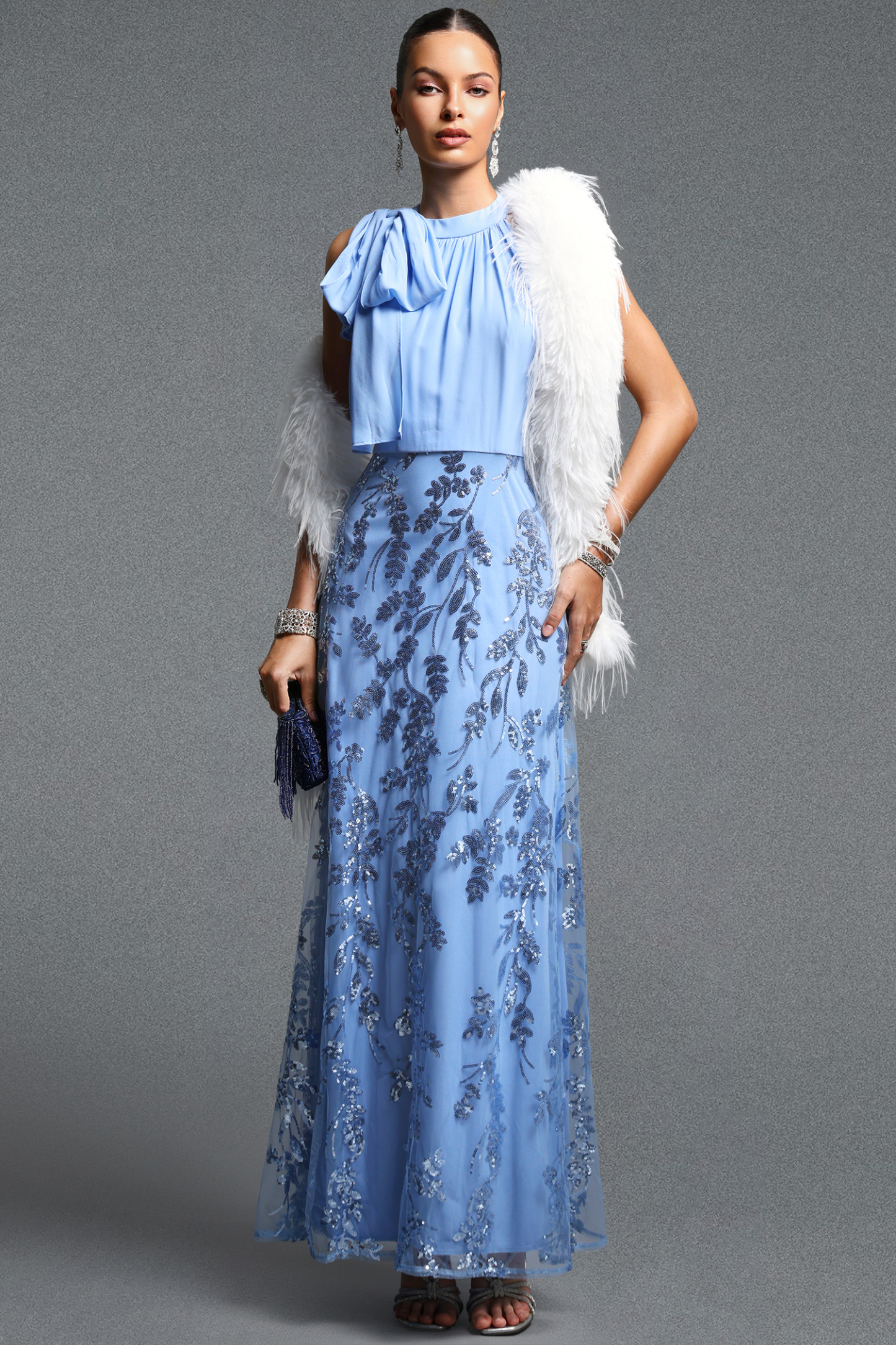 Vanya Elegant Flowy Halter Sequin Floral Maxi Dress