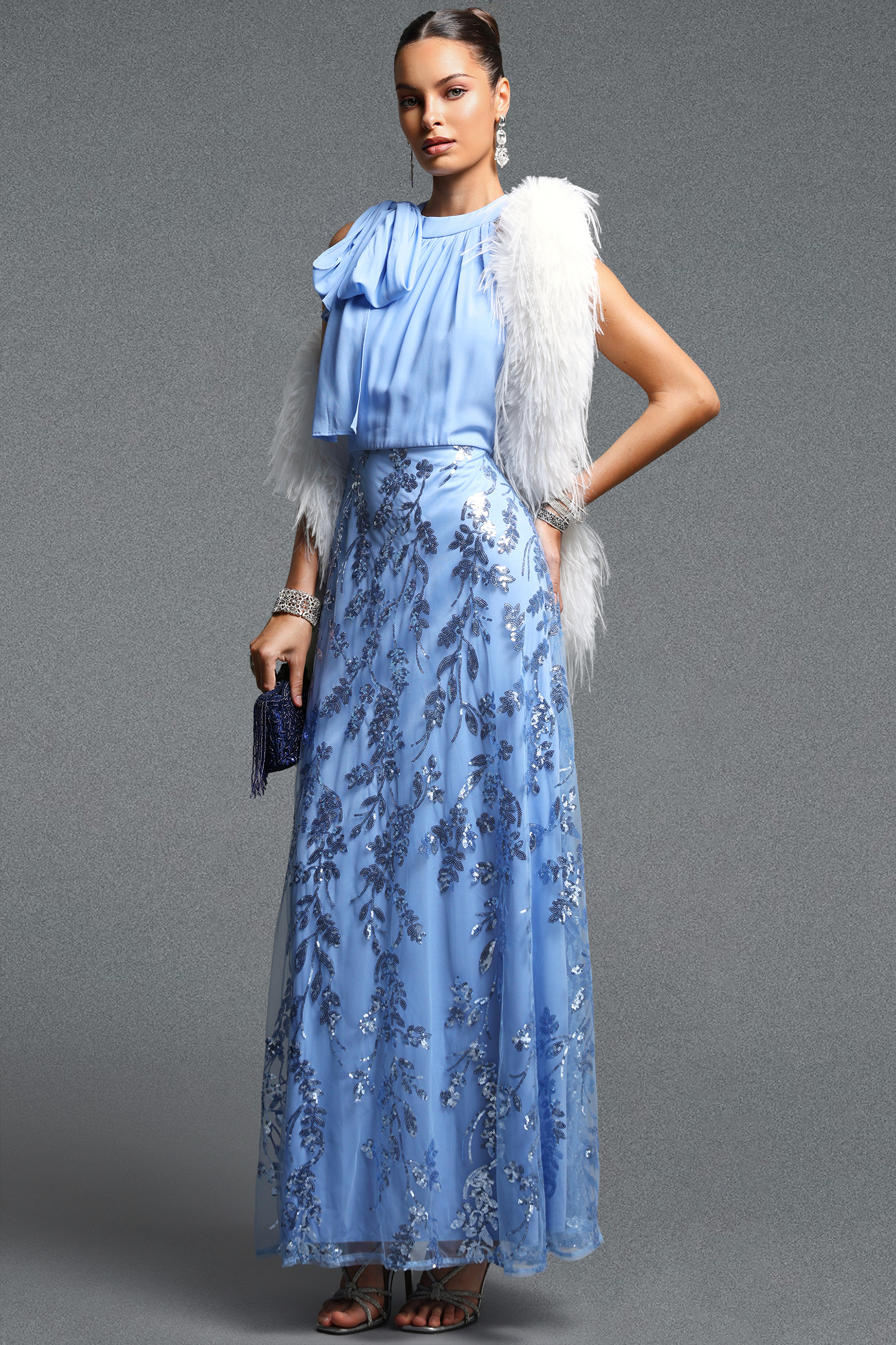 Vanya Elegant Flowy Halter Sequin Floral Maxi Dress