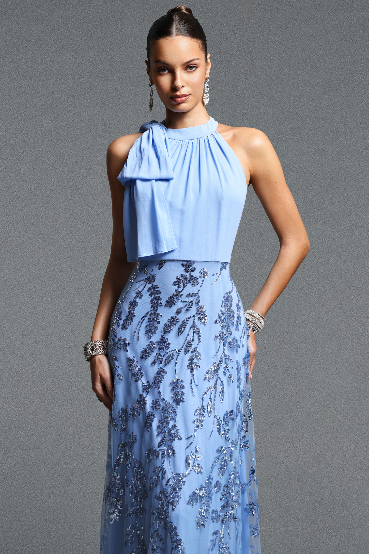 Vanya Elegant Flowy Halter Sequin Floral Maxi Dress