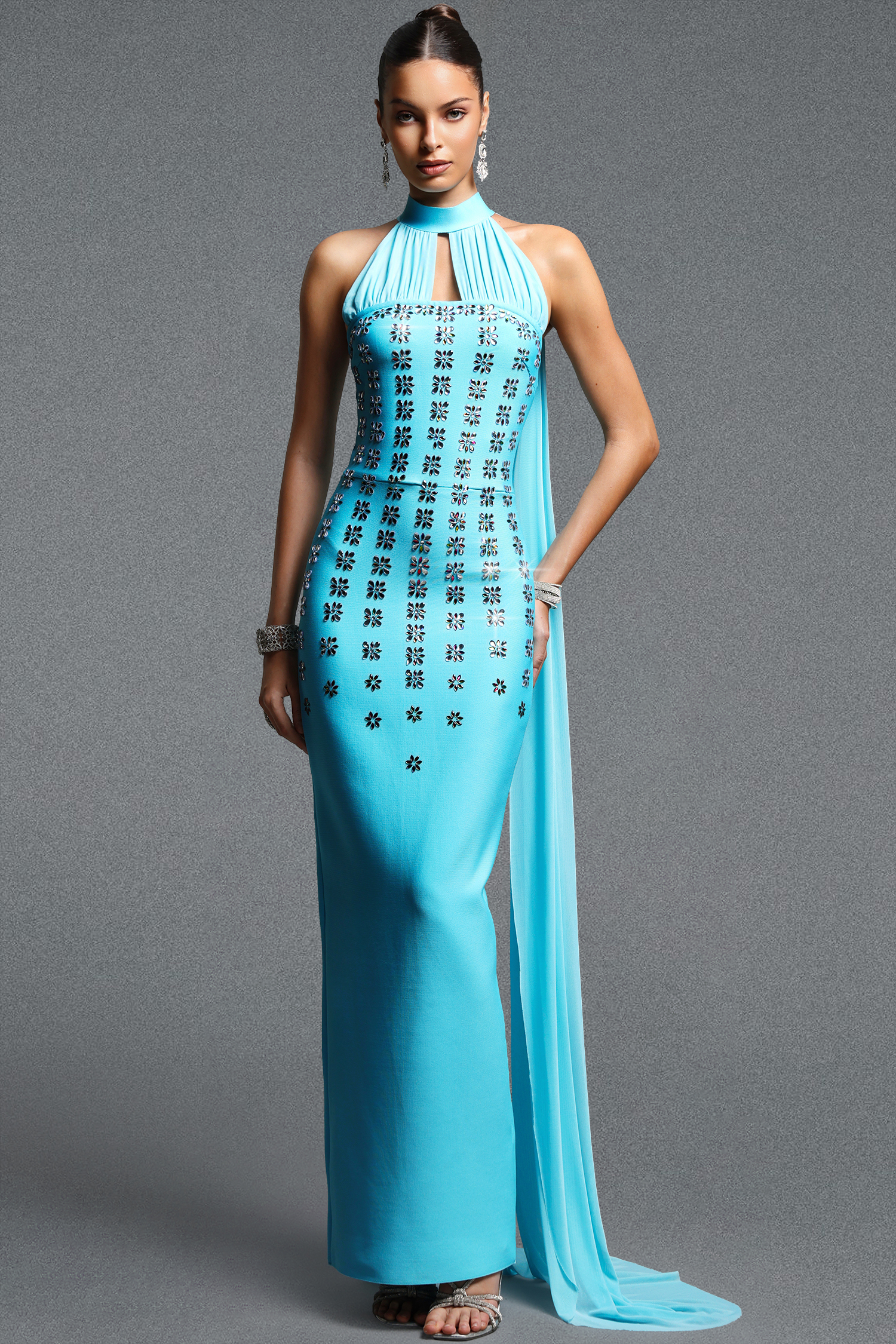 Makila Classic Contour Halter Rhinestone Bandage Maxi Dress