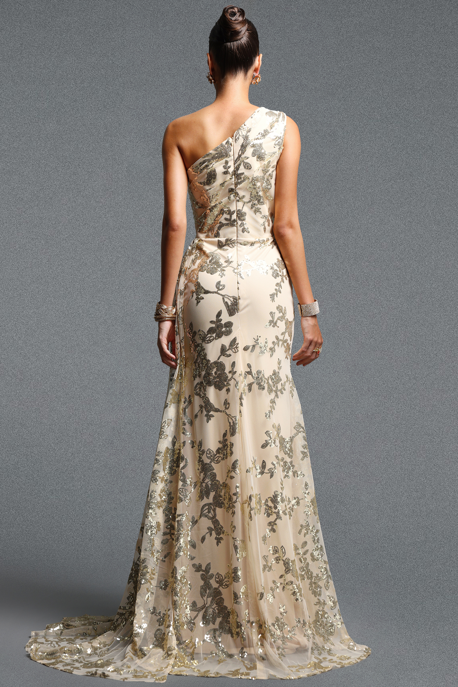 Mead Elegant Contour One Shoulder Sequin Floral Ruched Maxi Dress