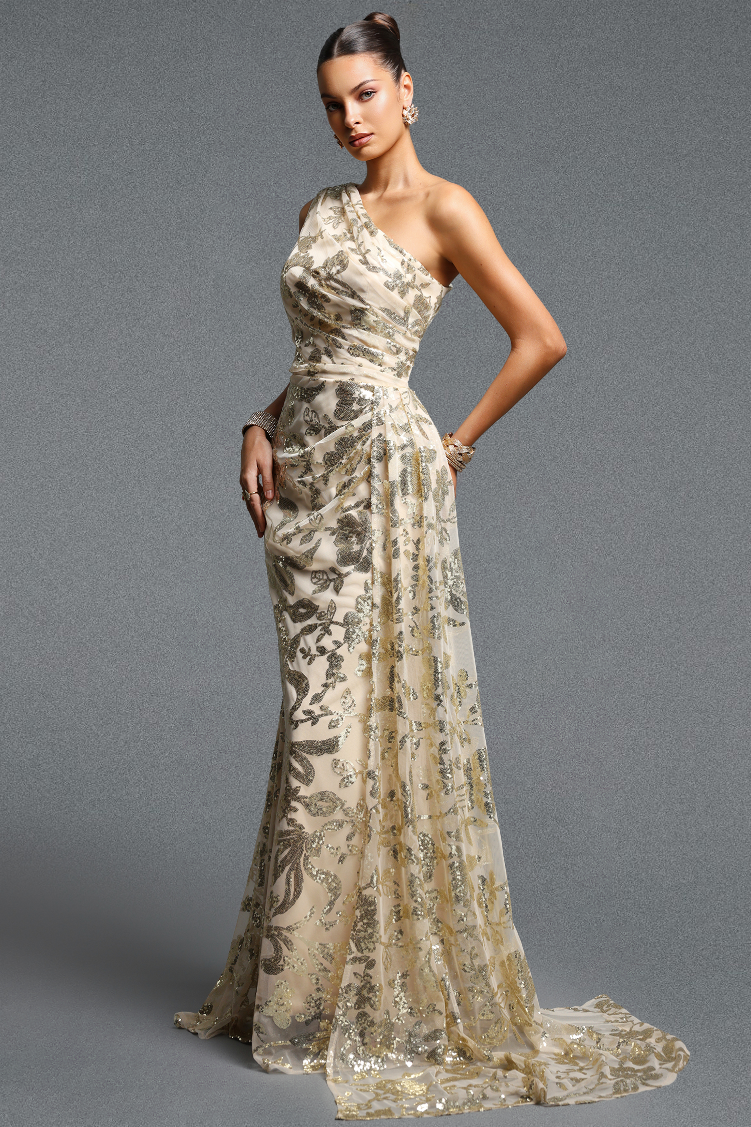 Mead Elegant Contour One Shoulder Sequin Floral Ruched Maxi Dress