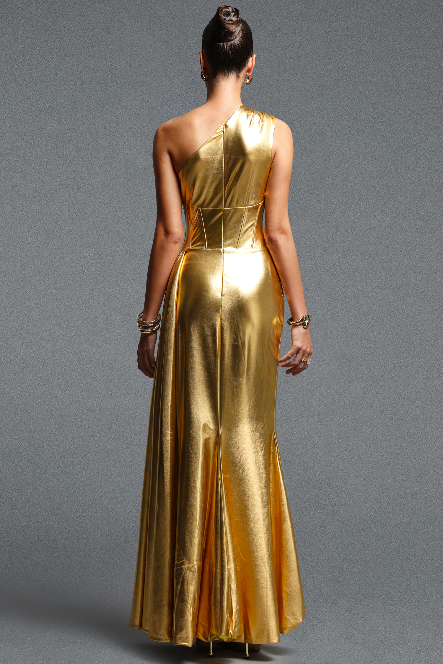 Maggie Elegant Contour One shoulder Ruched Slit Metallic Maxi Dress