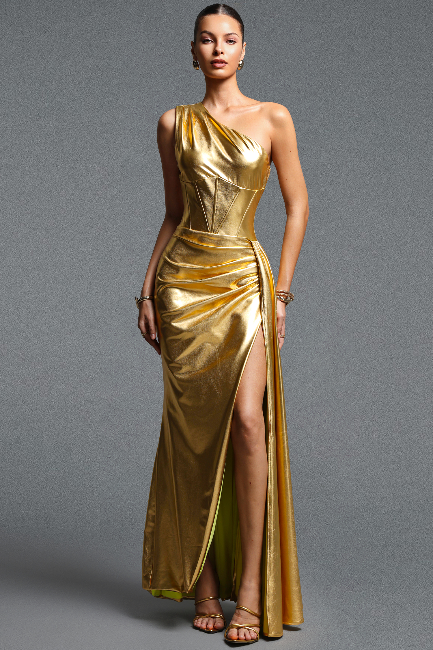 Maggie Elegant Contour One shoulder Ruched Slit Metallic Maxi Dress