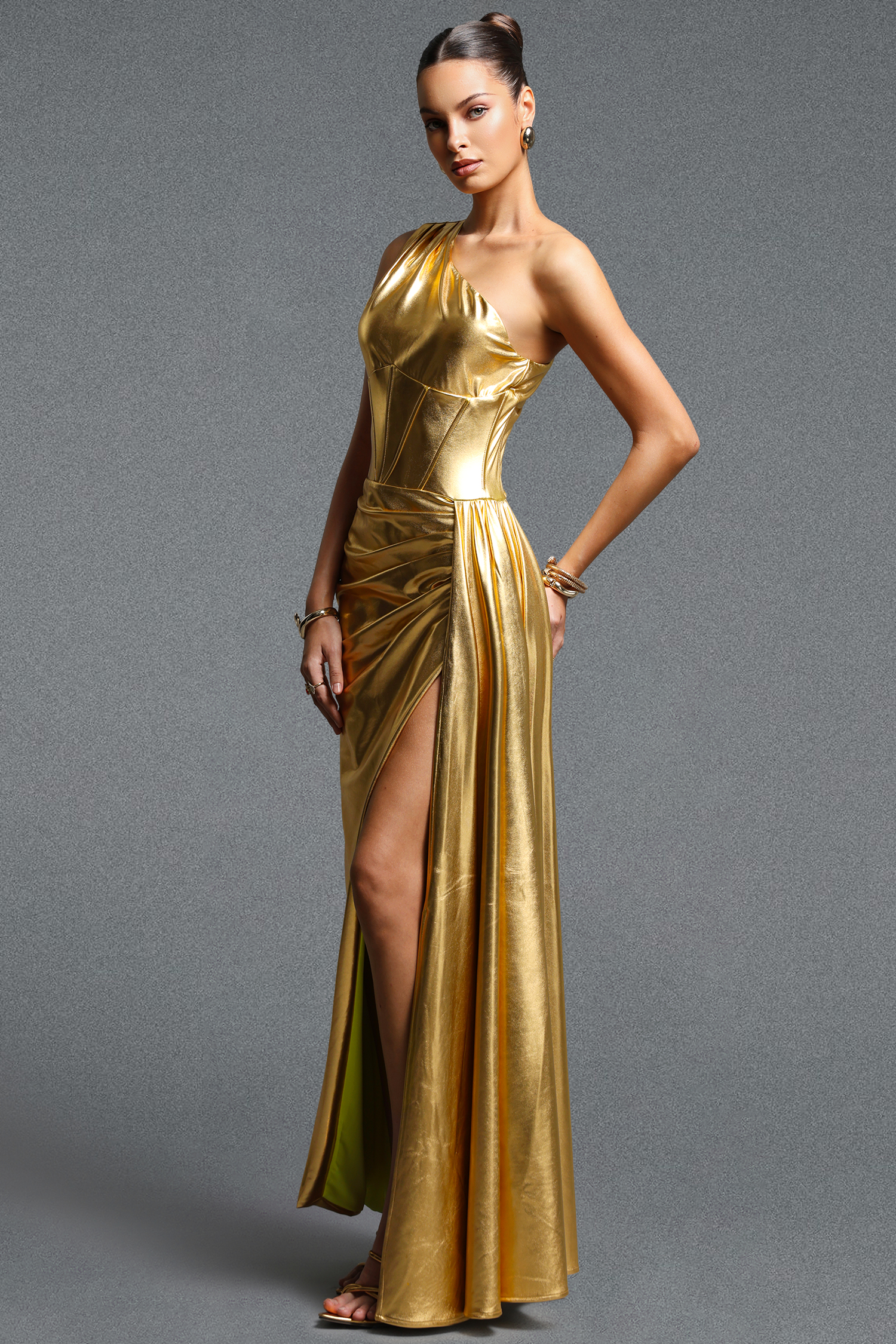 Maggie Elegant Contour One shoulder Ruched Slit Metallic Maxi Dress