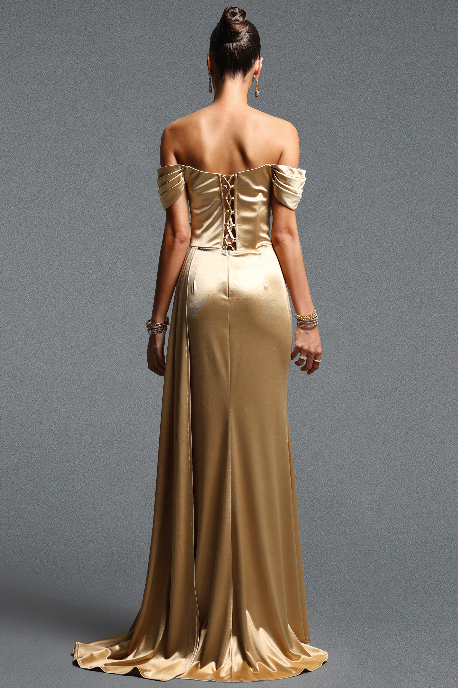 Lillian Elegant Contour Off Shoulder Ruched Satin Maxi Dress