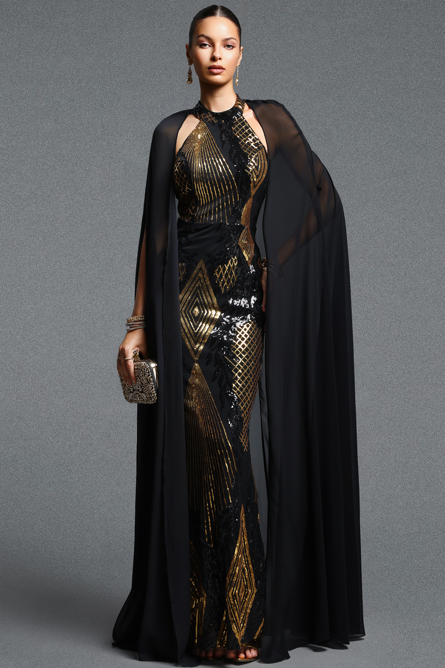 Kaliana Gorgeous Contour Halter Geometric Sequin Mesh Maxi Dress