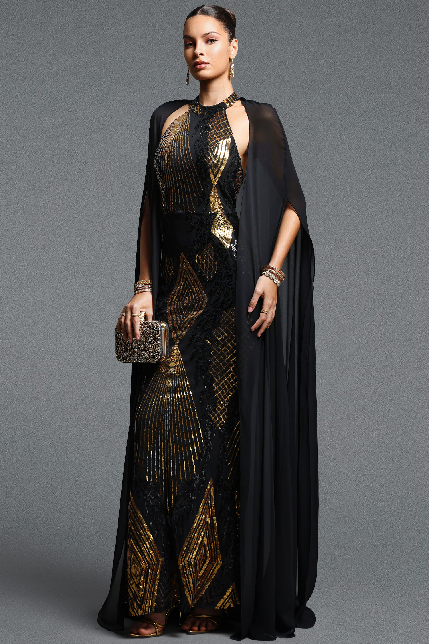 Kaliana Gorgeous Contour Halter Geometric Sequin Mesh Maxi Dress