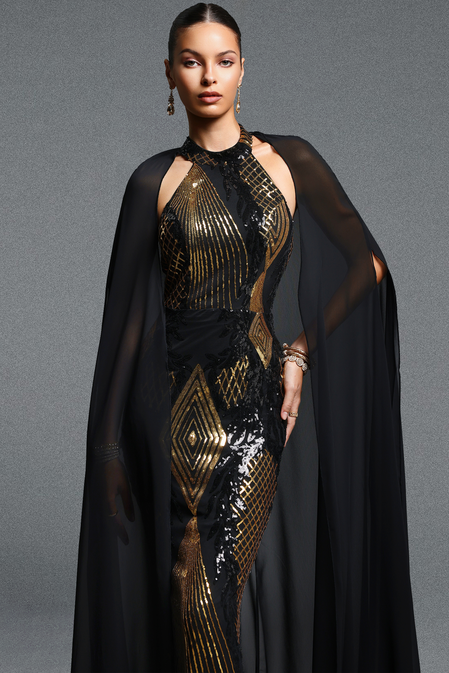 Kaliana Gorgeous Contour Halter Geometric Sequin Mesh Maxi Dress