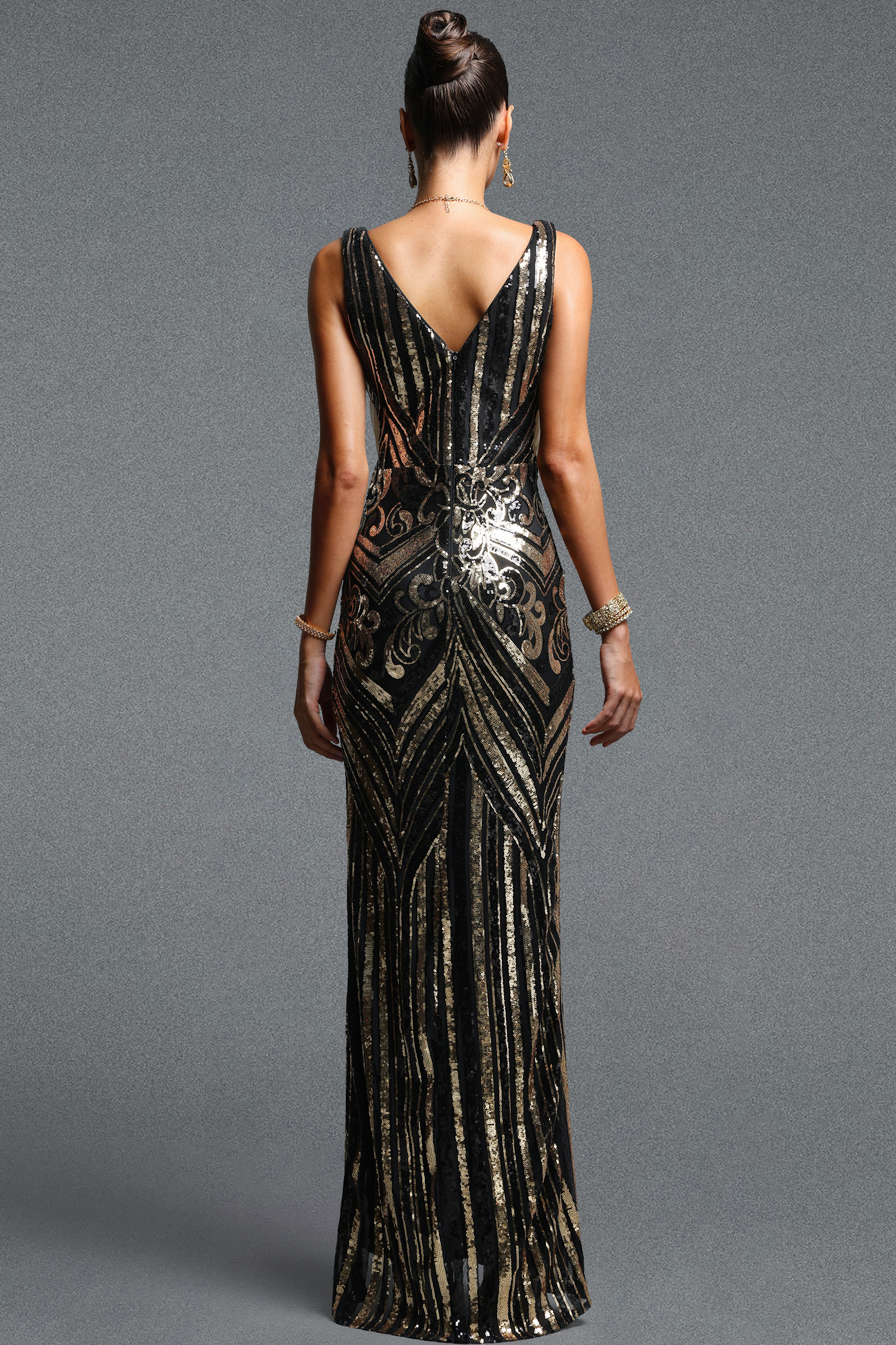 Saly Gorgeous Contour V Neck Sleeveless Sequin Maxi Dress