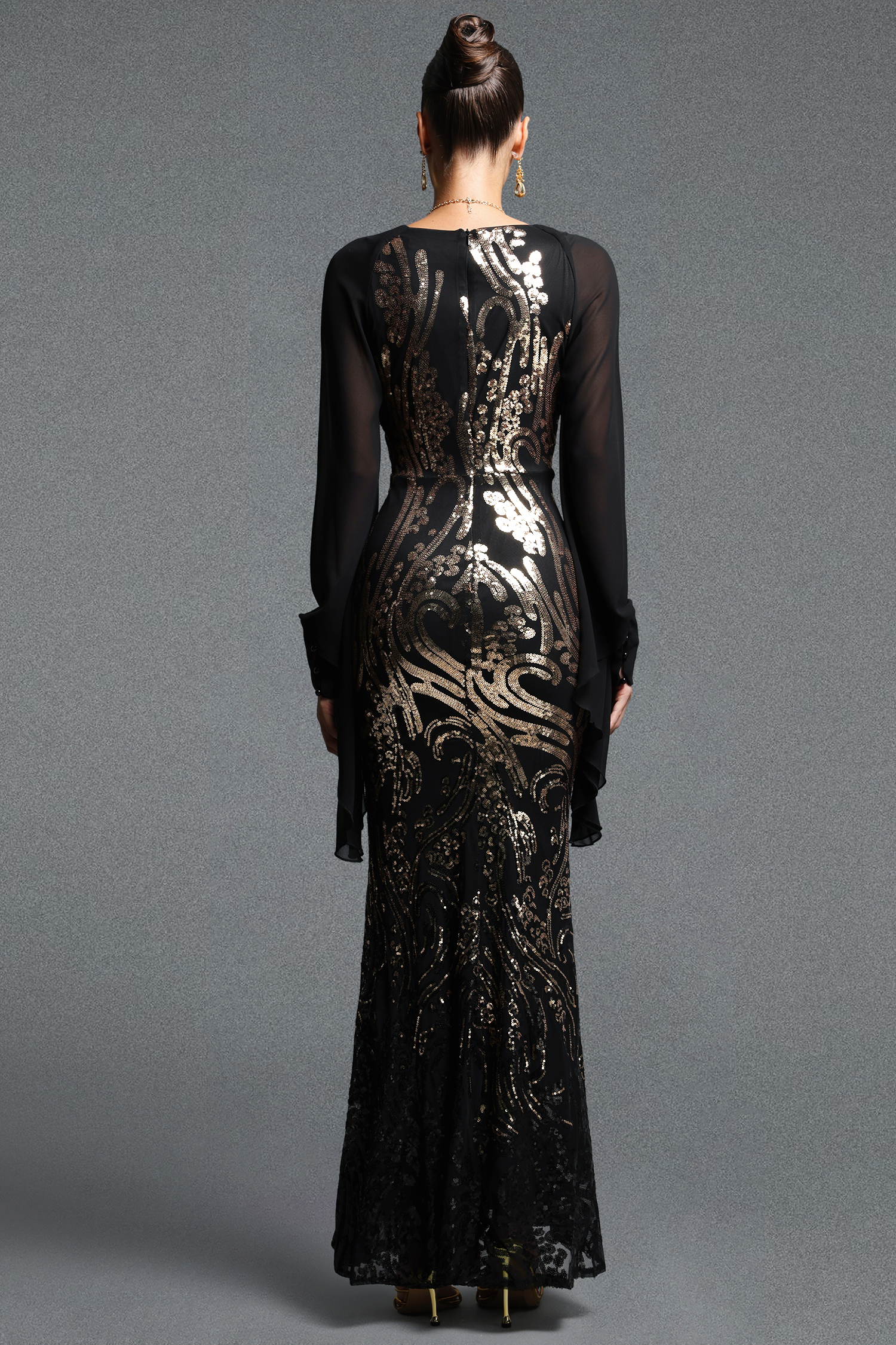 Rosee Elegant Contour V Neck Long Sleeve Sequin Maxi Dress