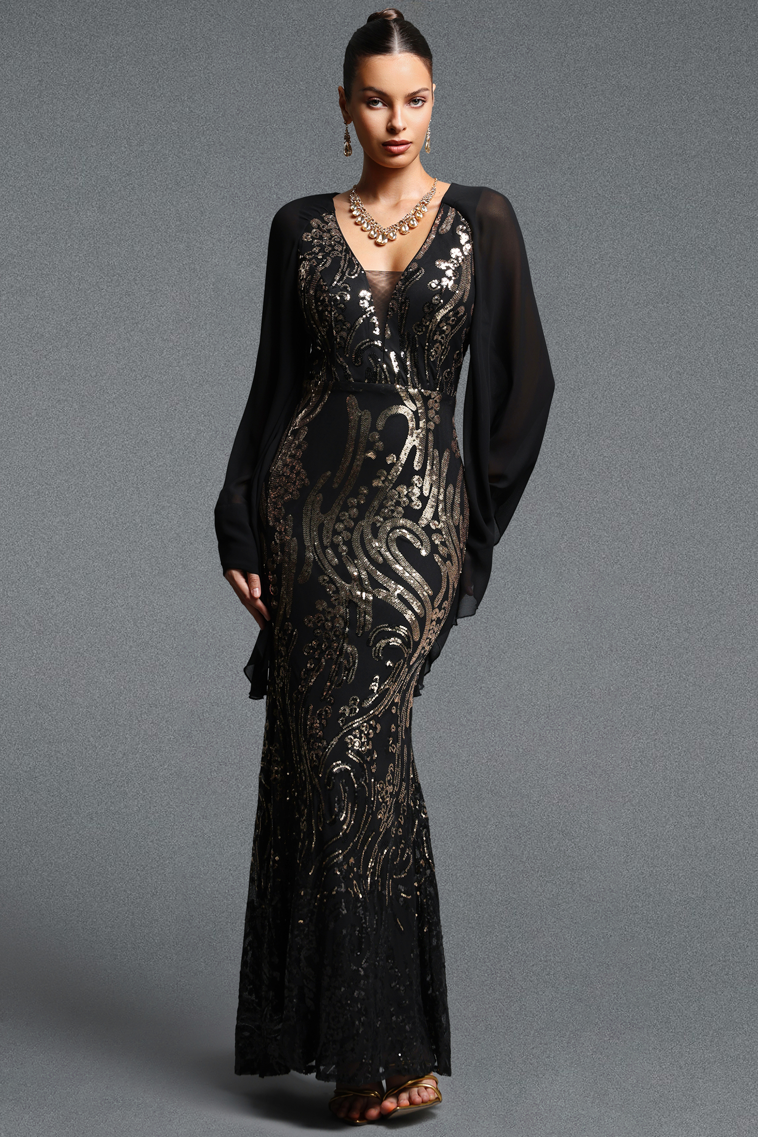 Rosee Elegant Contour V Neck Long Sleeve Sequin Maxi Dress