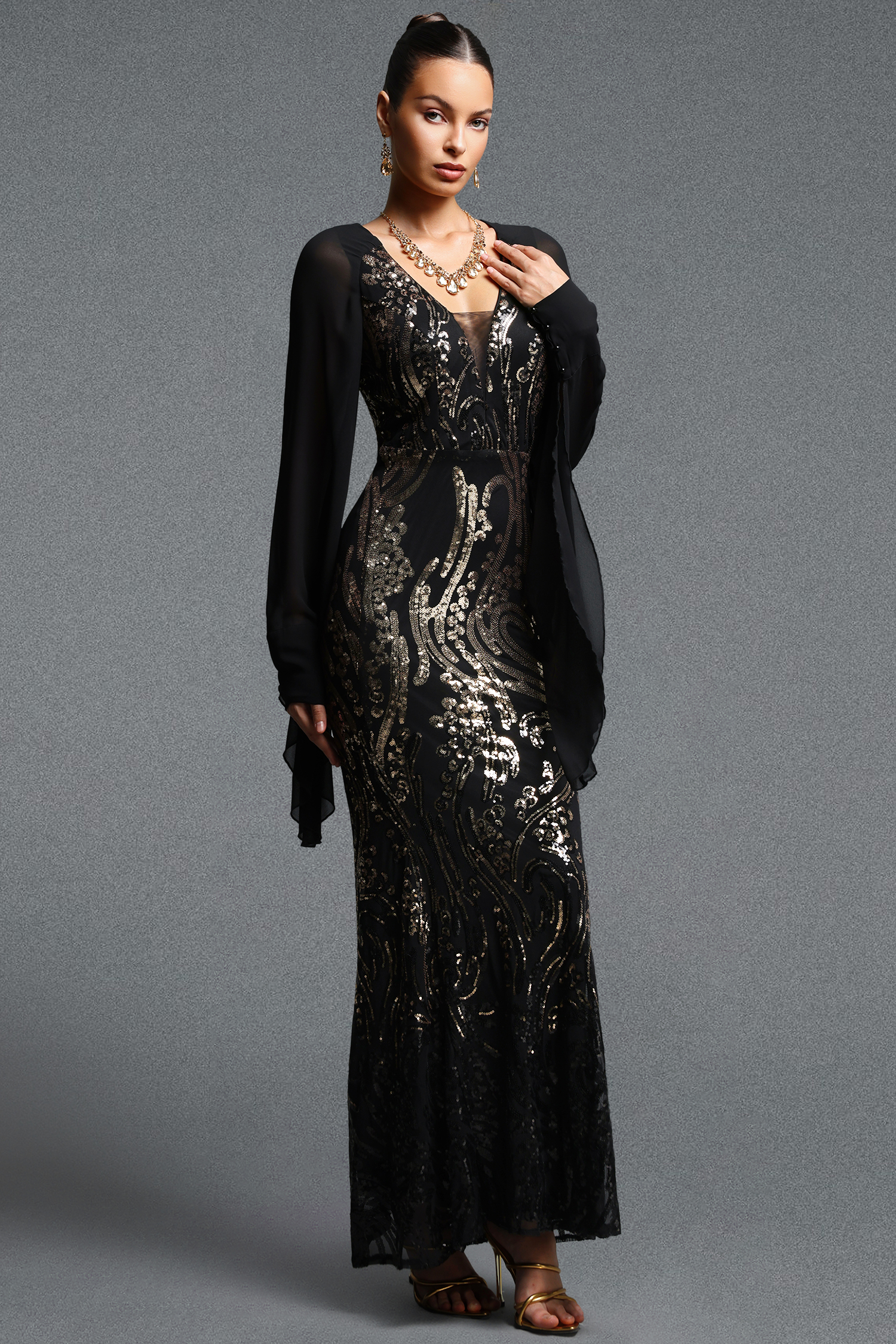 Rosee Elegant Contour V Neck Long Sleeve Sequin Maxi Dress