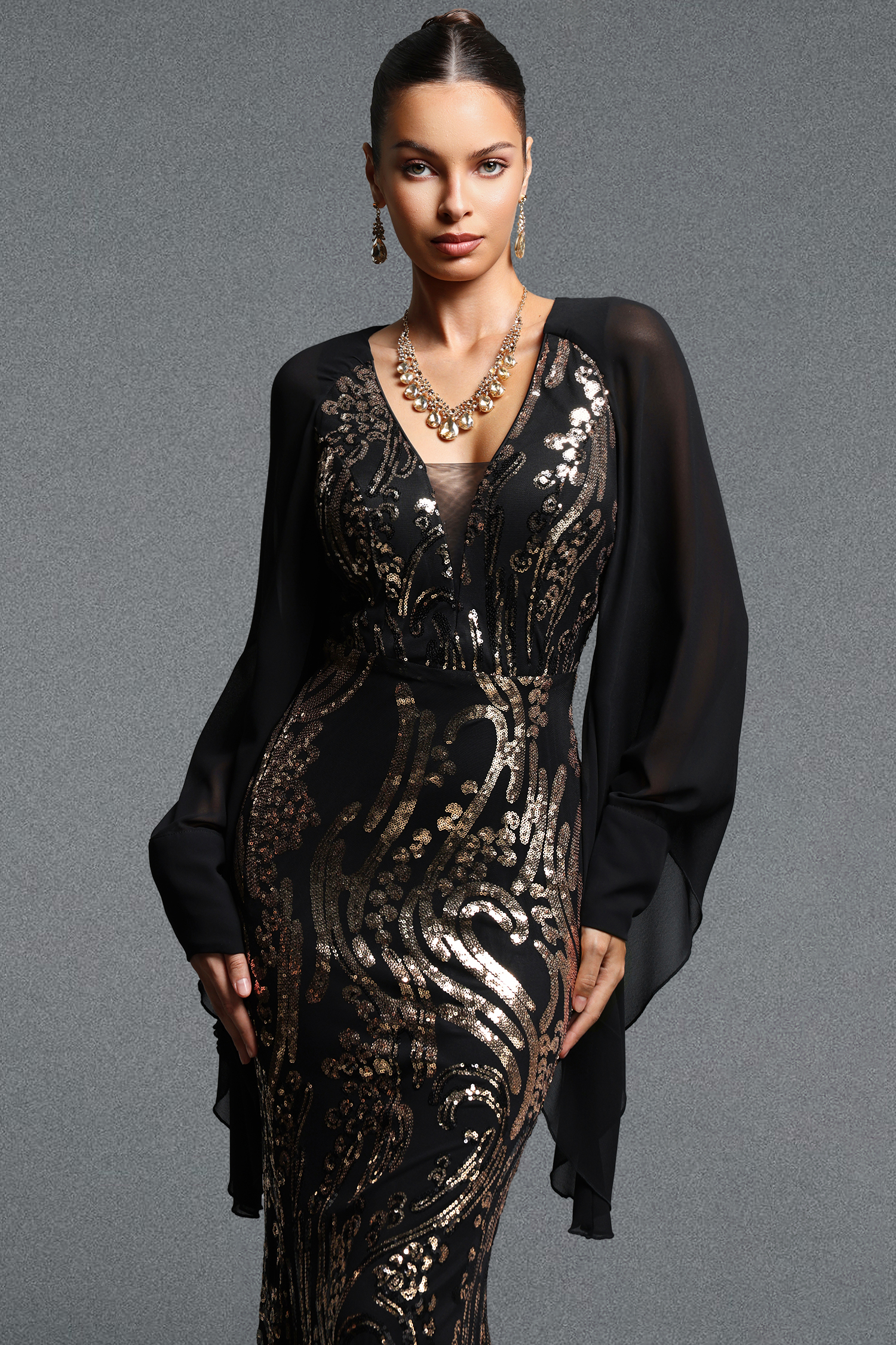 Rosee Elegant Contour V Neck Long Sleeve Sequin Maxi Dress