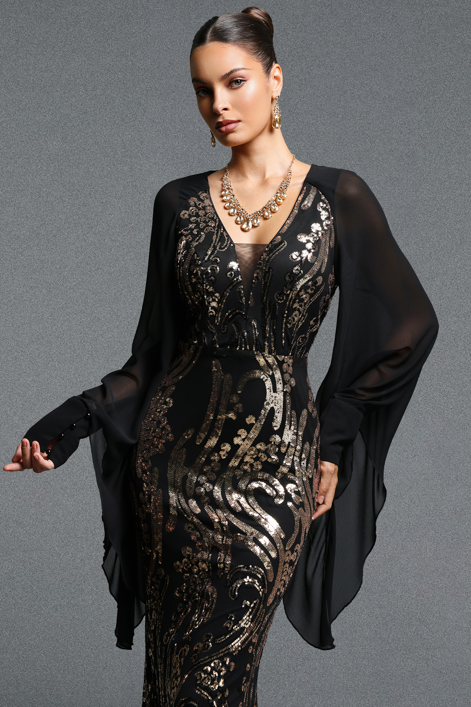 Rosee Elegant Contour V Neck Long Sleeve Sequin Maxi Dress