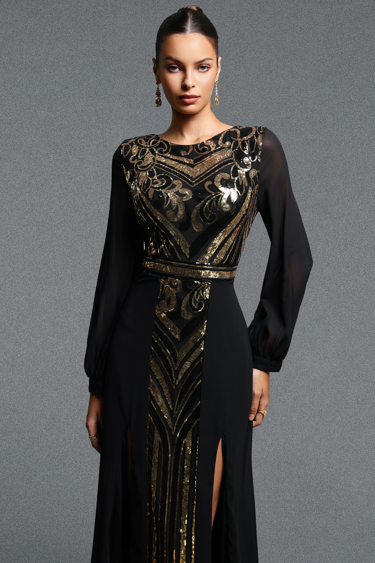 Livana Gorgeous Contour Crew Neck Lantern Sleeve Sequin Maxi Dress