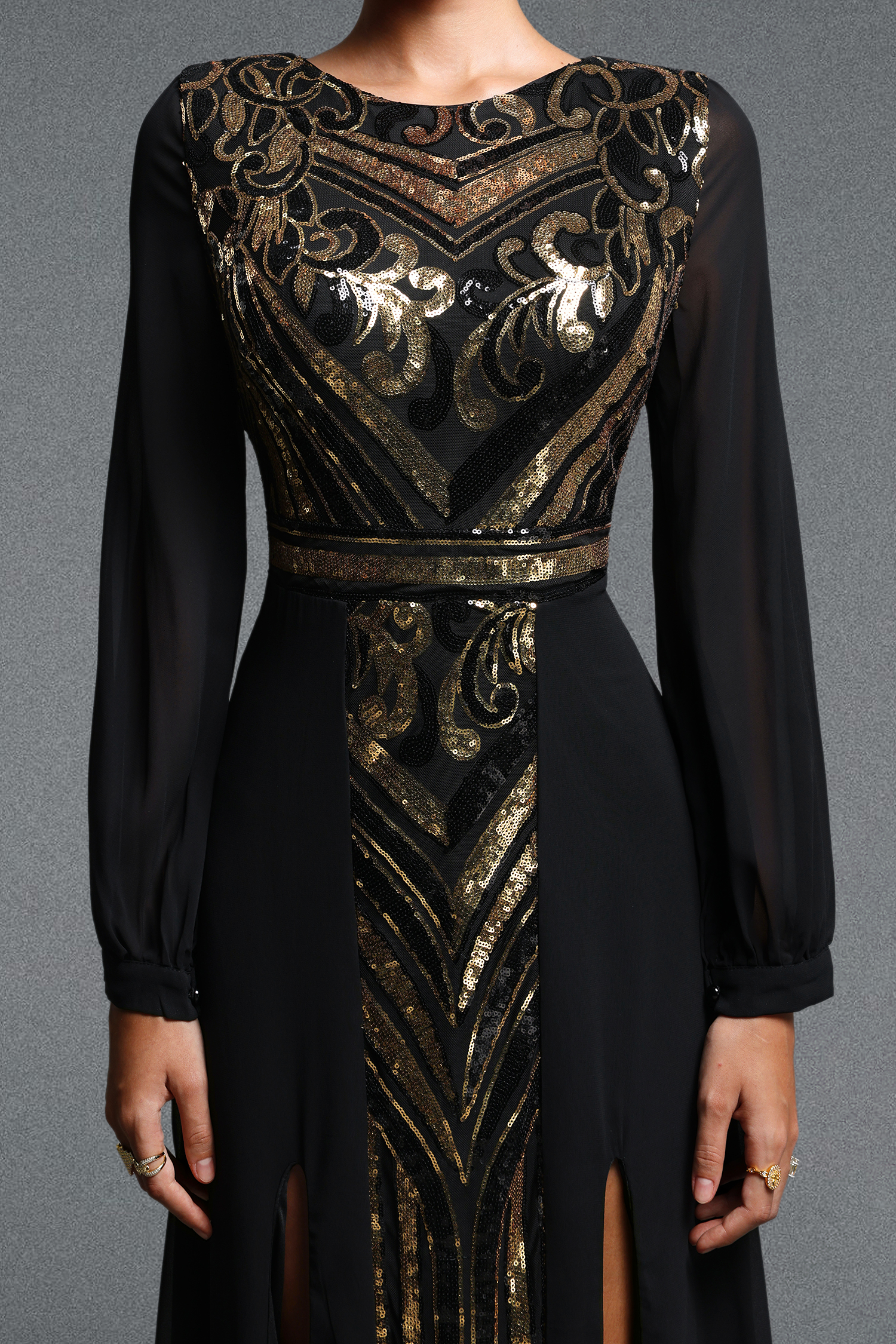 Livana Gorgeous Contour Crew Neck Lantern Sleeve Sequin Maxi Dress