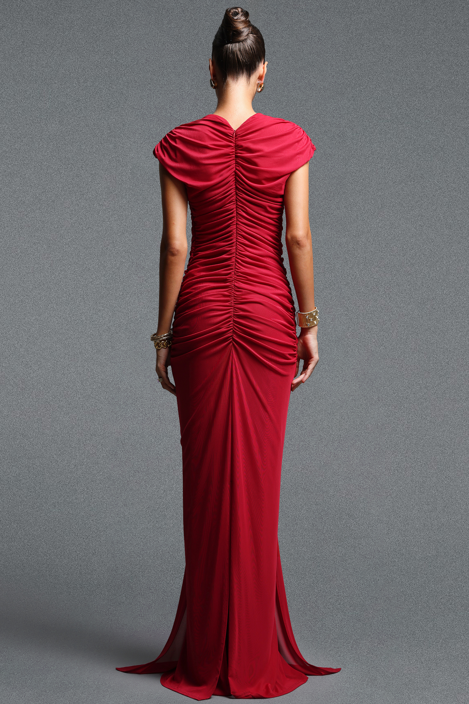 Hester Classic Sleeveless Sash Ruched Knit Maxi Dress
