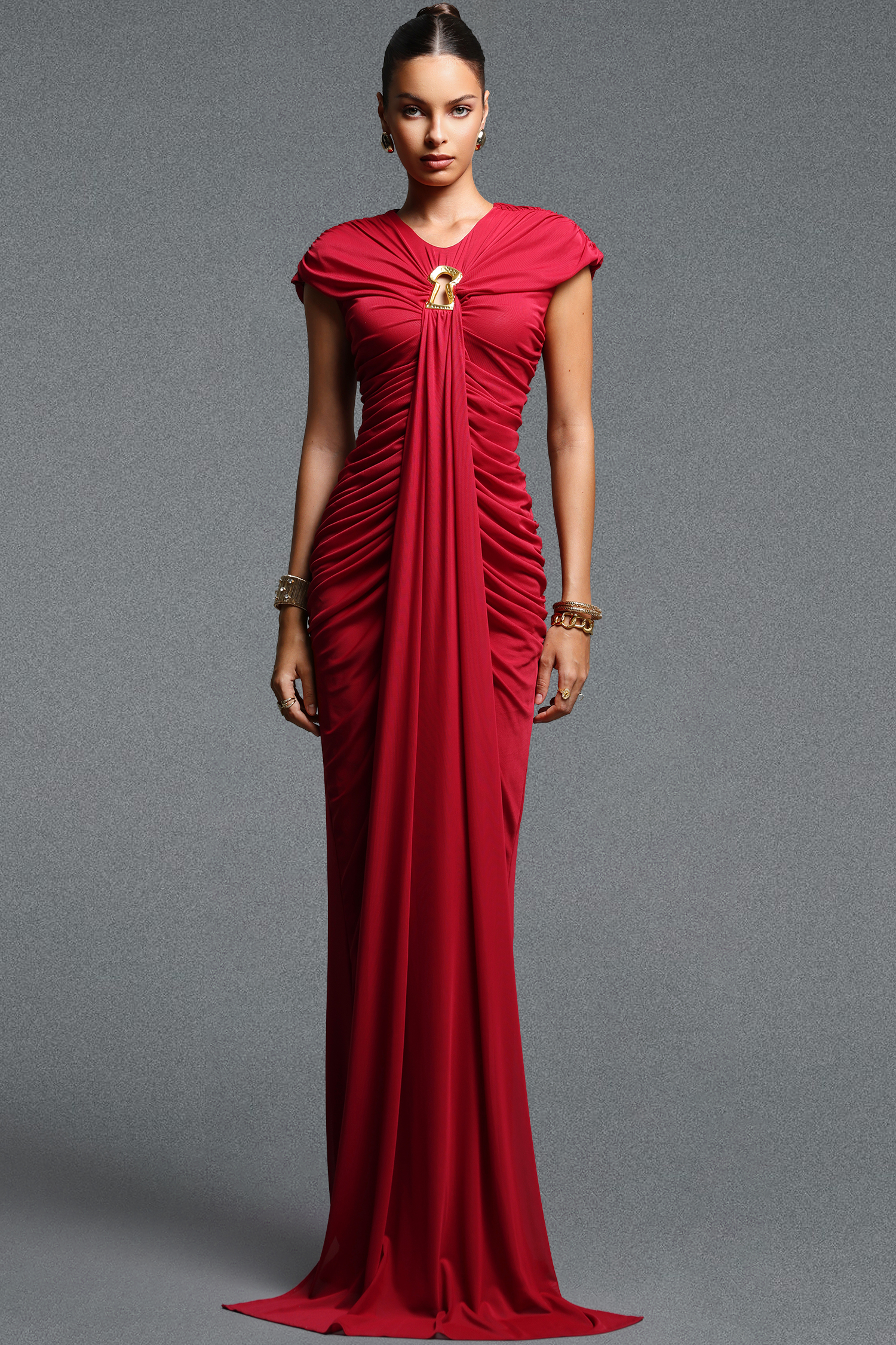 Hester Classic Sleeveless Sash Ruched Knit Maxi Dress