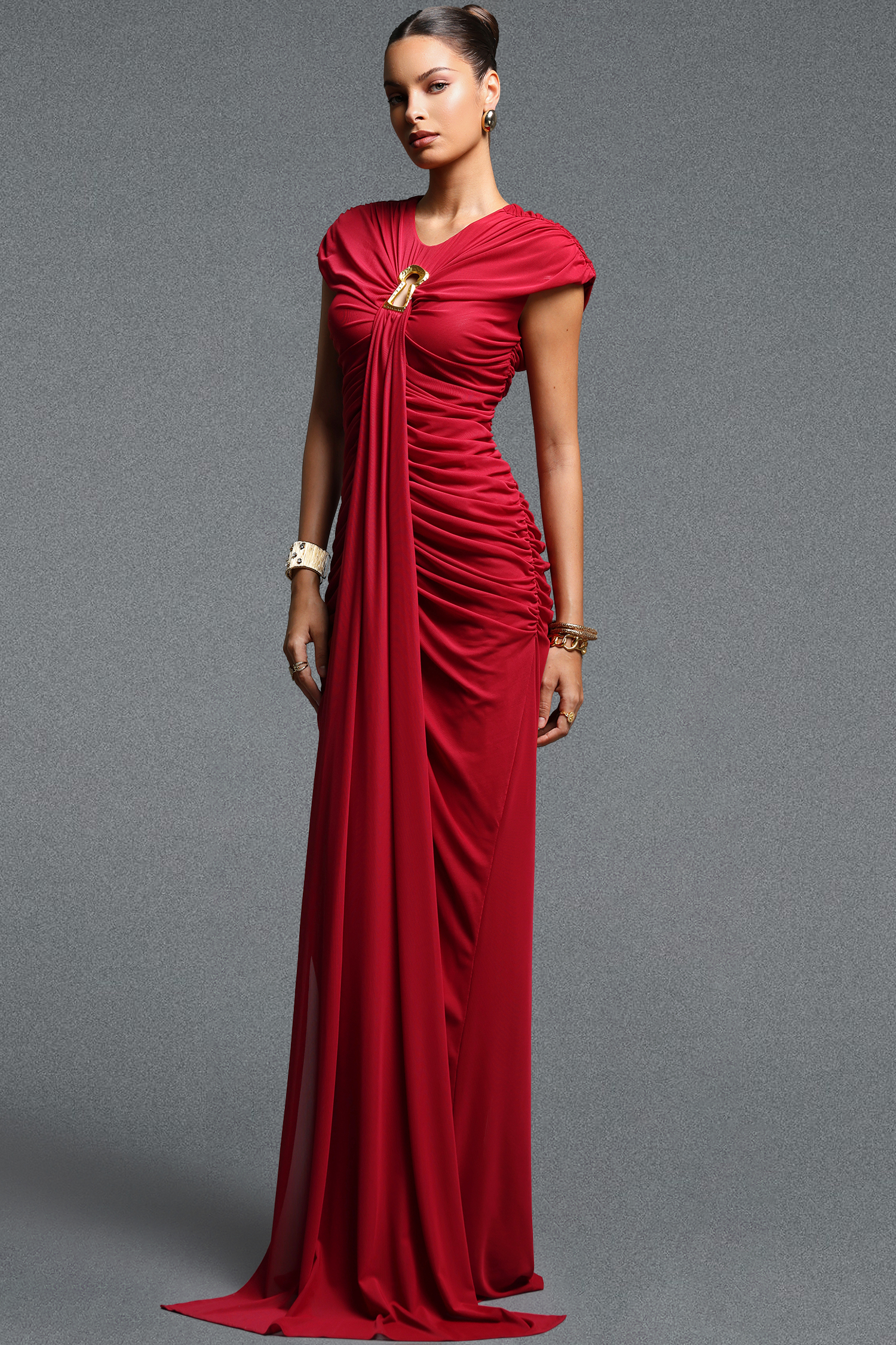 Hester Classic Sleeveless Sash Ruched Knit Maxi Dress