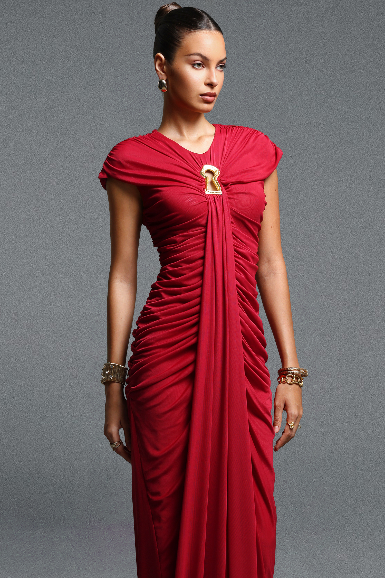 Hester Classic Sleeveless Sash Ruched Knit Maxi Dress