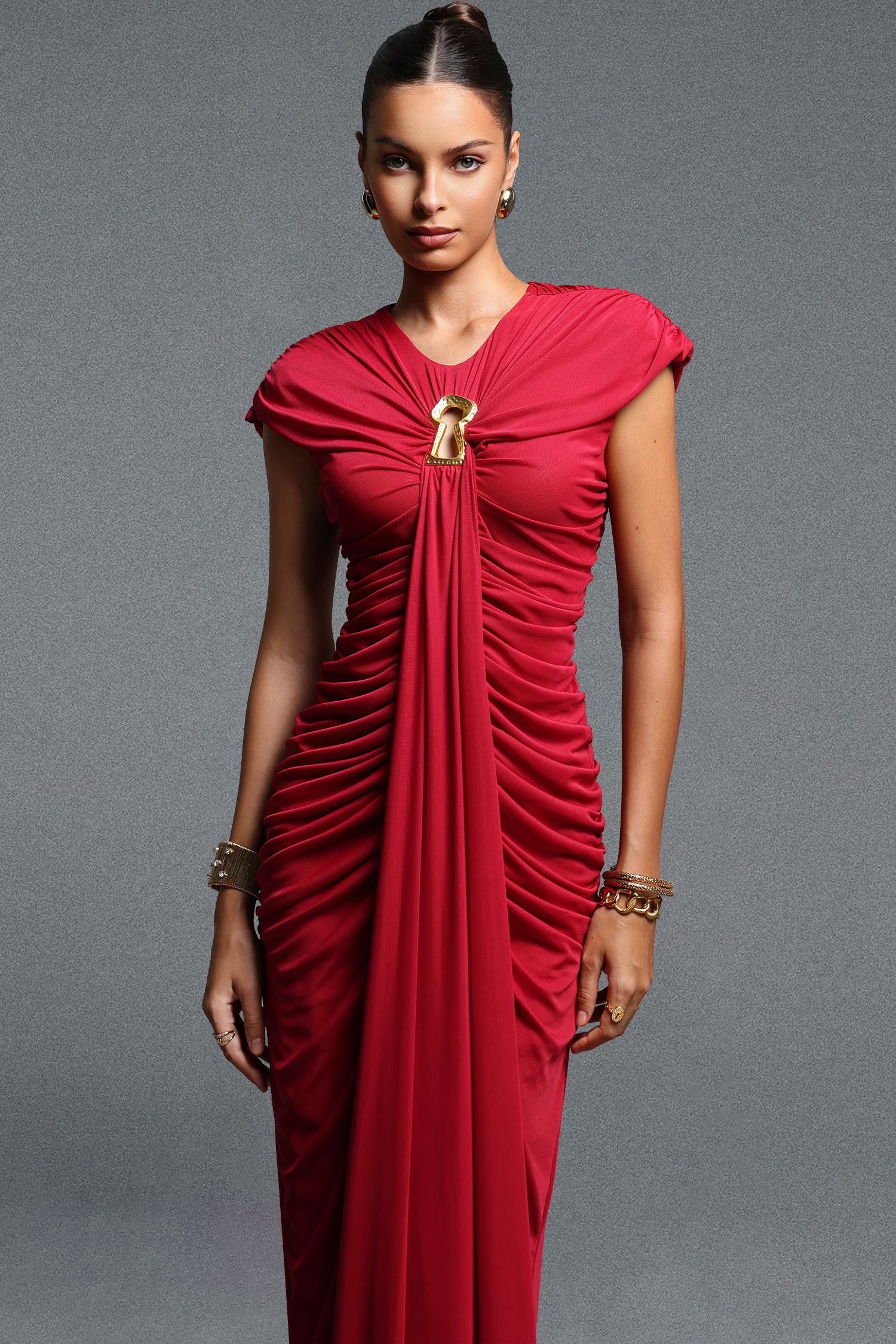 Hester Classic Sleeveless Sash Ruched Knit Maxi Dress