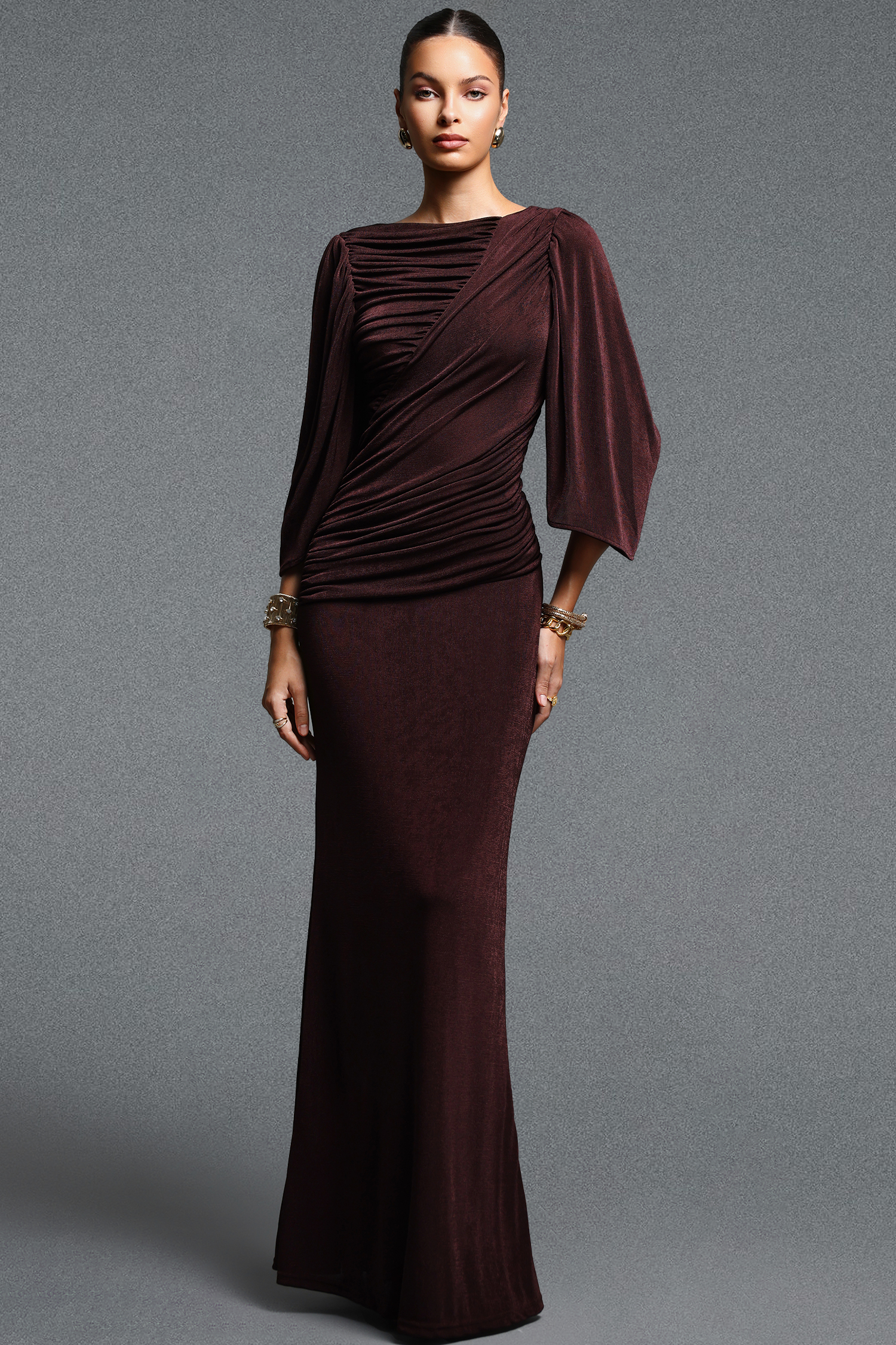 Quany Elegant Contour Long Sleeve Ruched Knit Maxi Dress