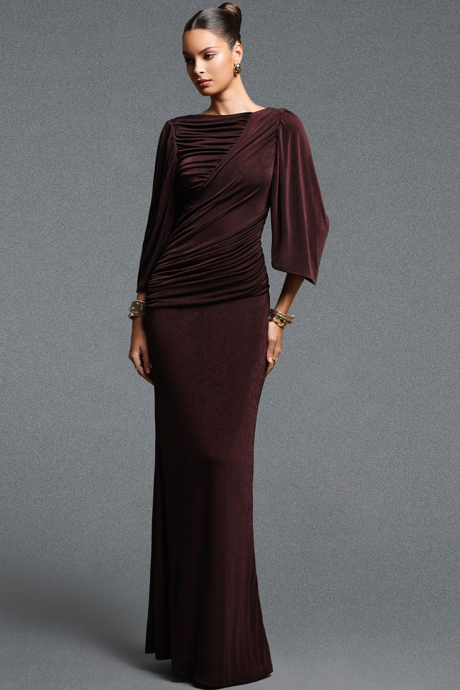 Quany Elegant Contour Long Sleeve Ruched Knit Maxi Dress