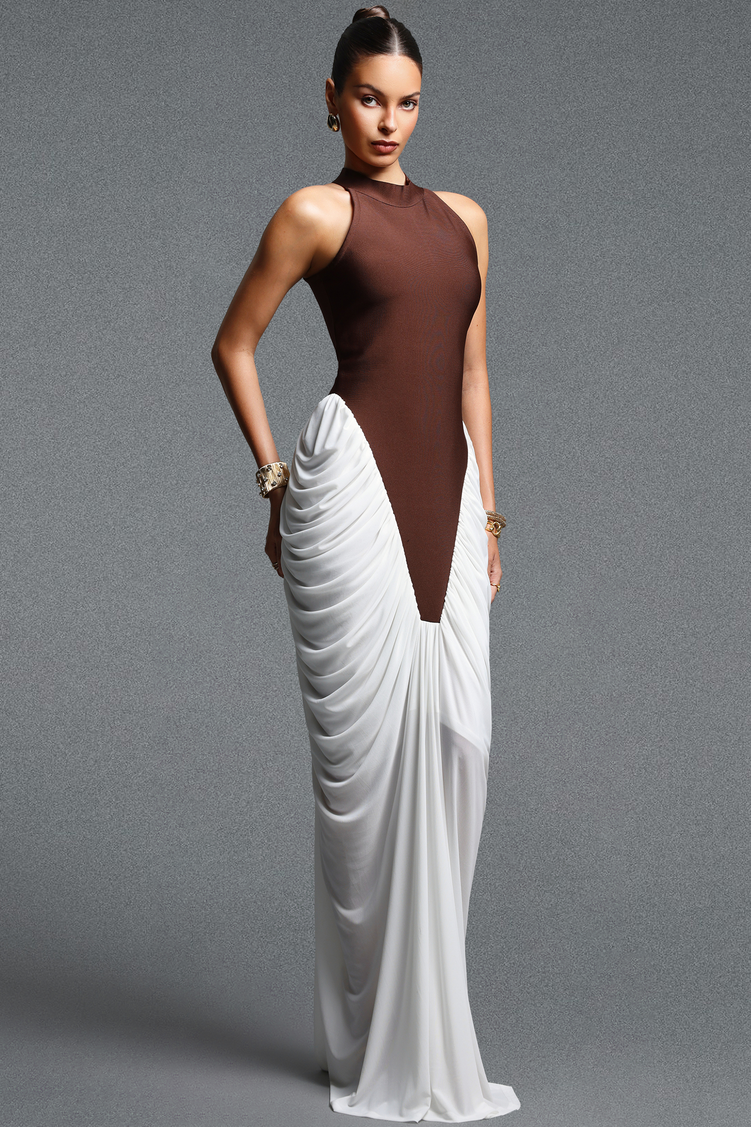 Eugenia Elegant Flowy Halter Ruched Contrast Bandage Maxi Dress