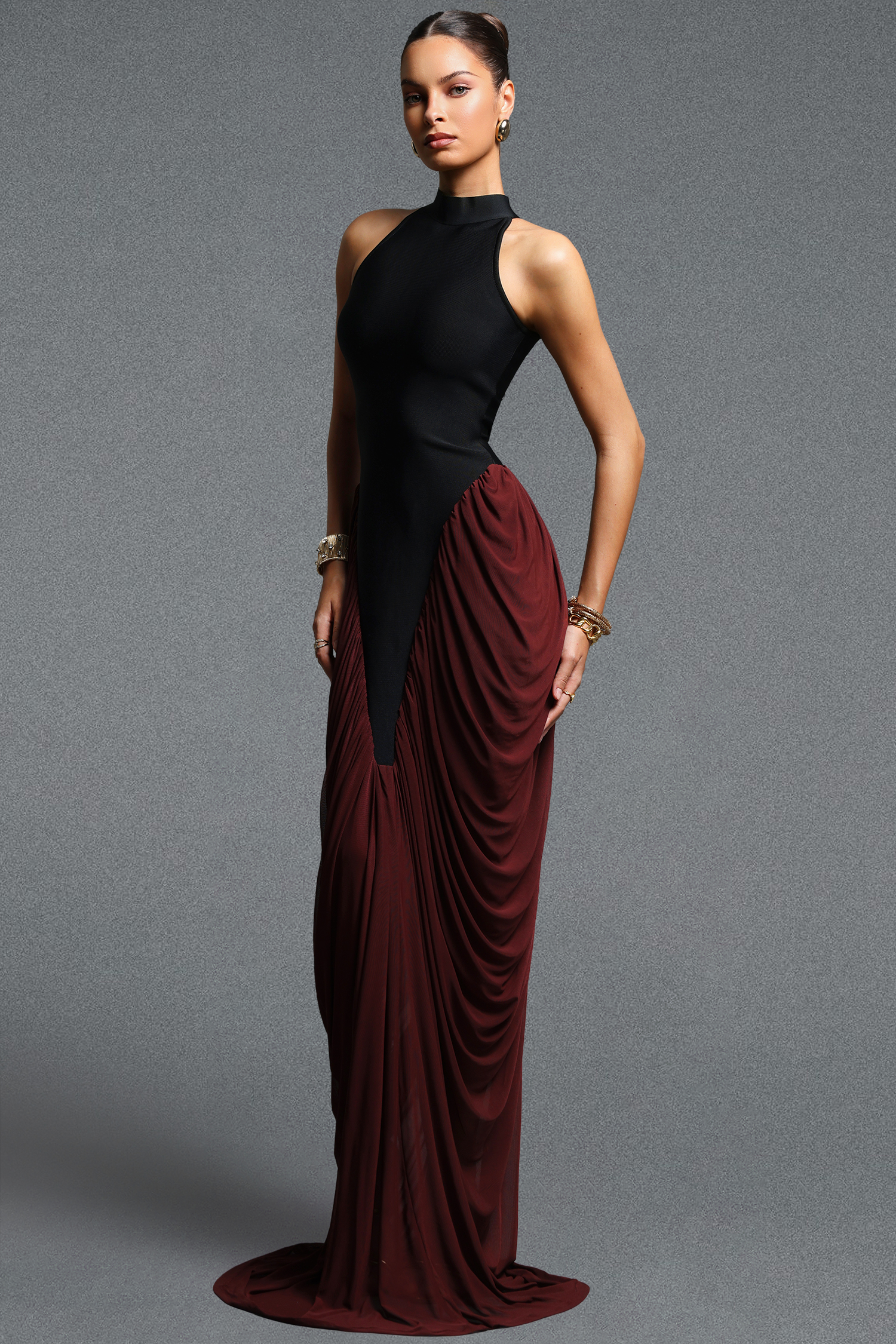 Eugenia Elegant Flowy Halter Neck Ruched Contrast Bandage Maxi Dress