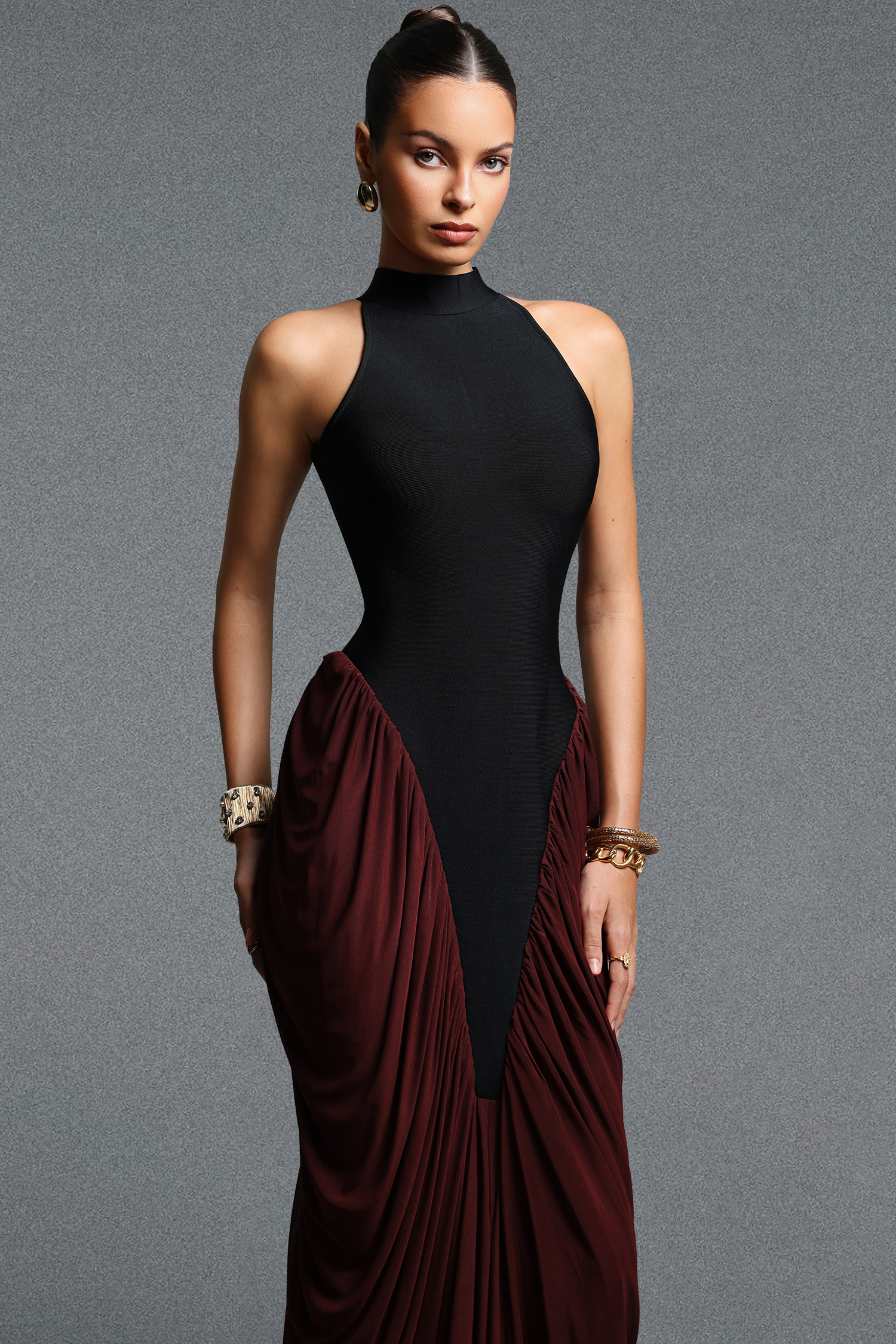 Eugenia Elegant Flowy Halter Neck Ruched Contrast Bandage Maxi Dress