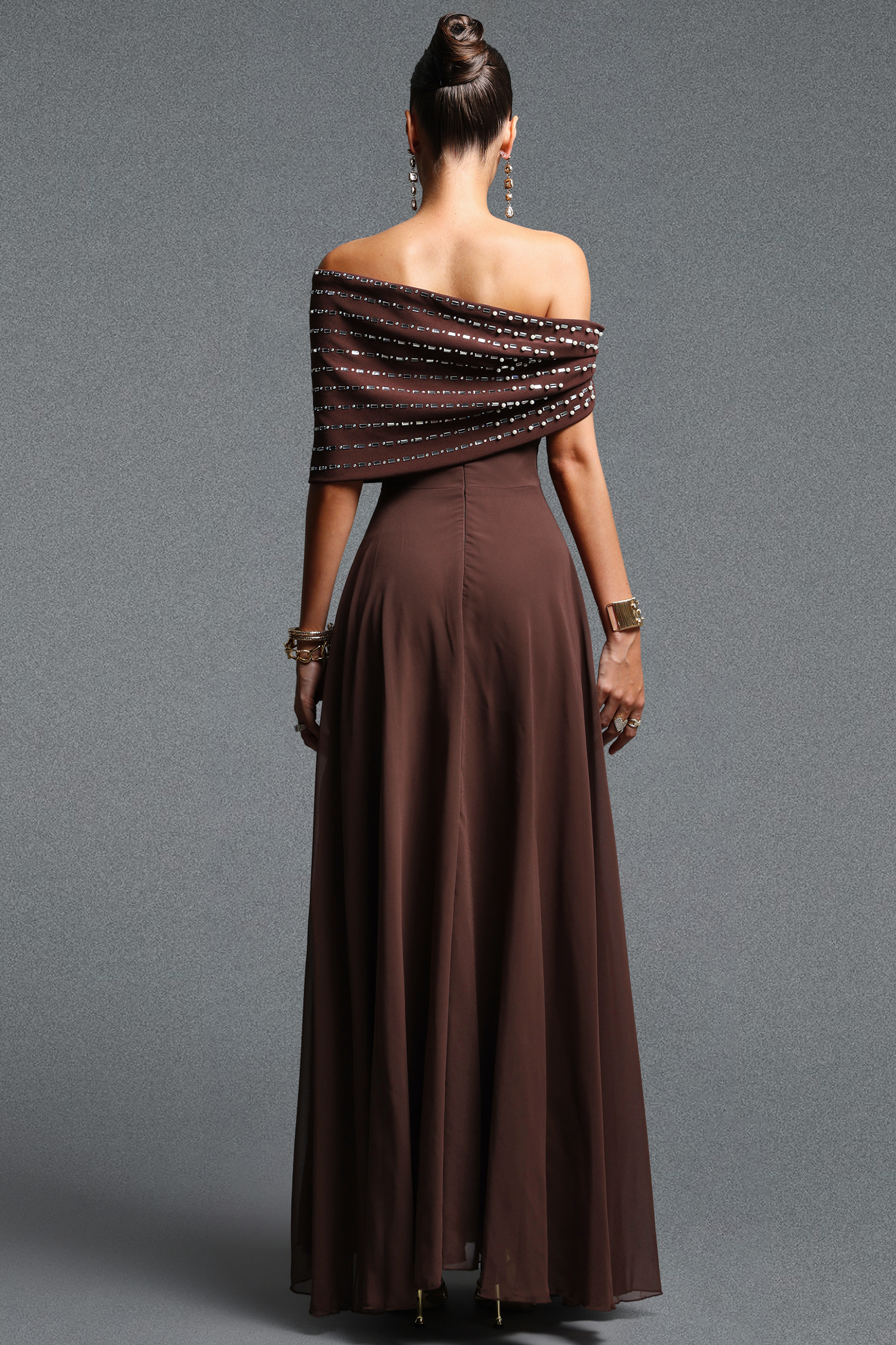 Emier Classic Elegant Off Shoulder Rhinestone Beaded Pleated Maxi Dress