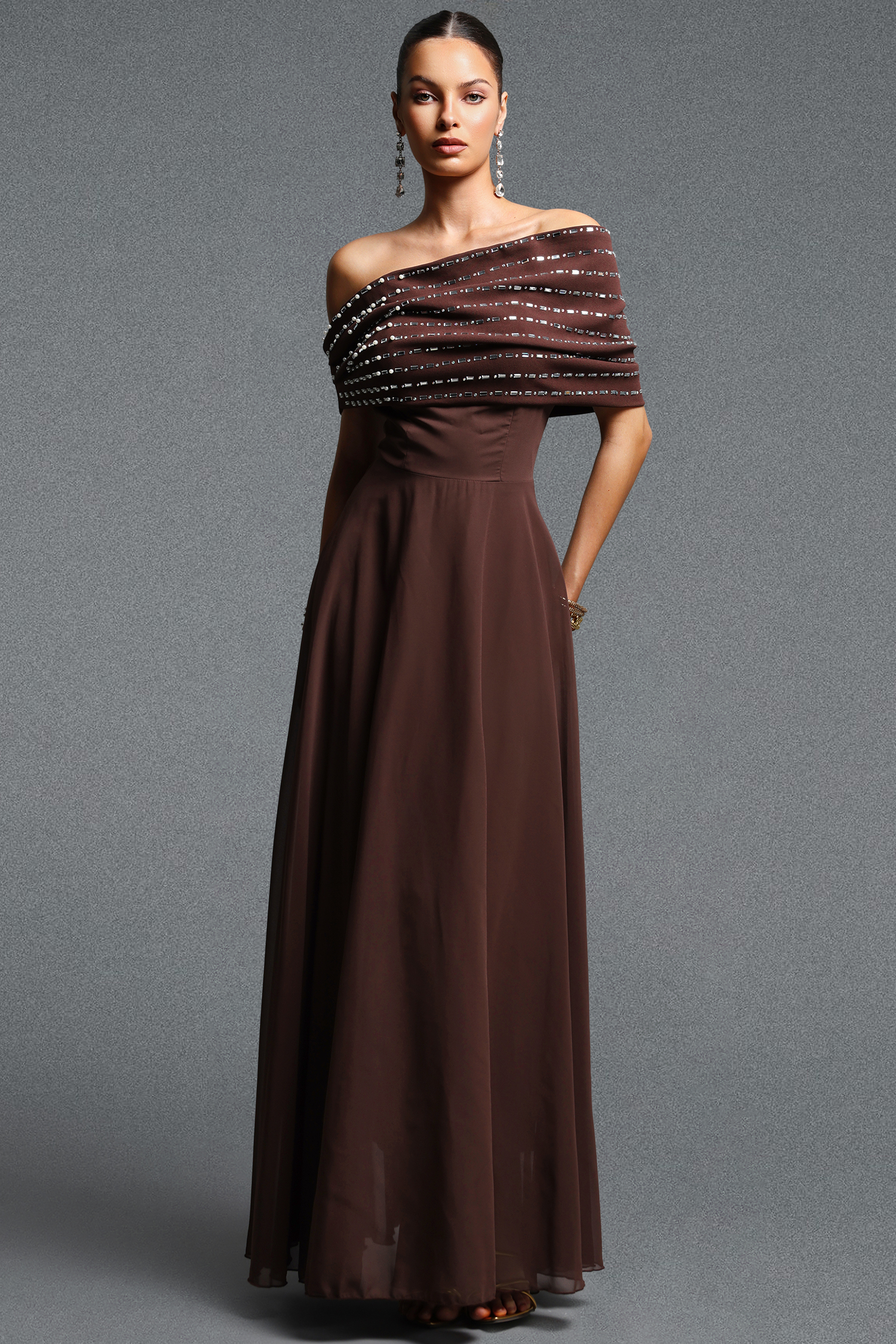 Emier Classic Elegant Off Shoulder Rhinestone Beaded Pleated Maxi Dress