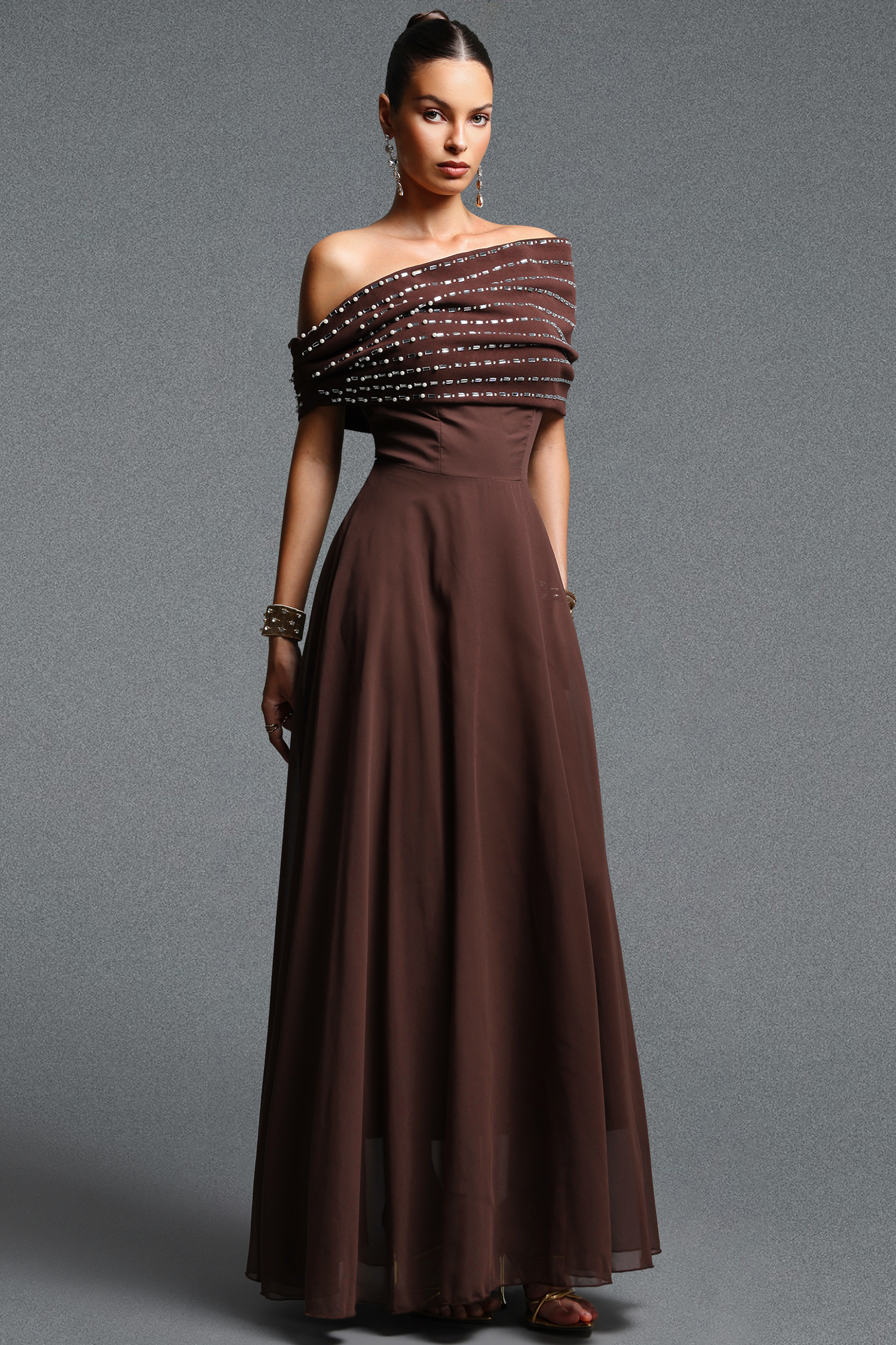 Emier Classic Elegant Off Shoulder Rhinestone Beaded Pleated Maxi Dress